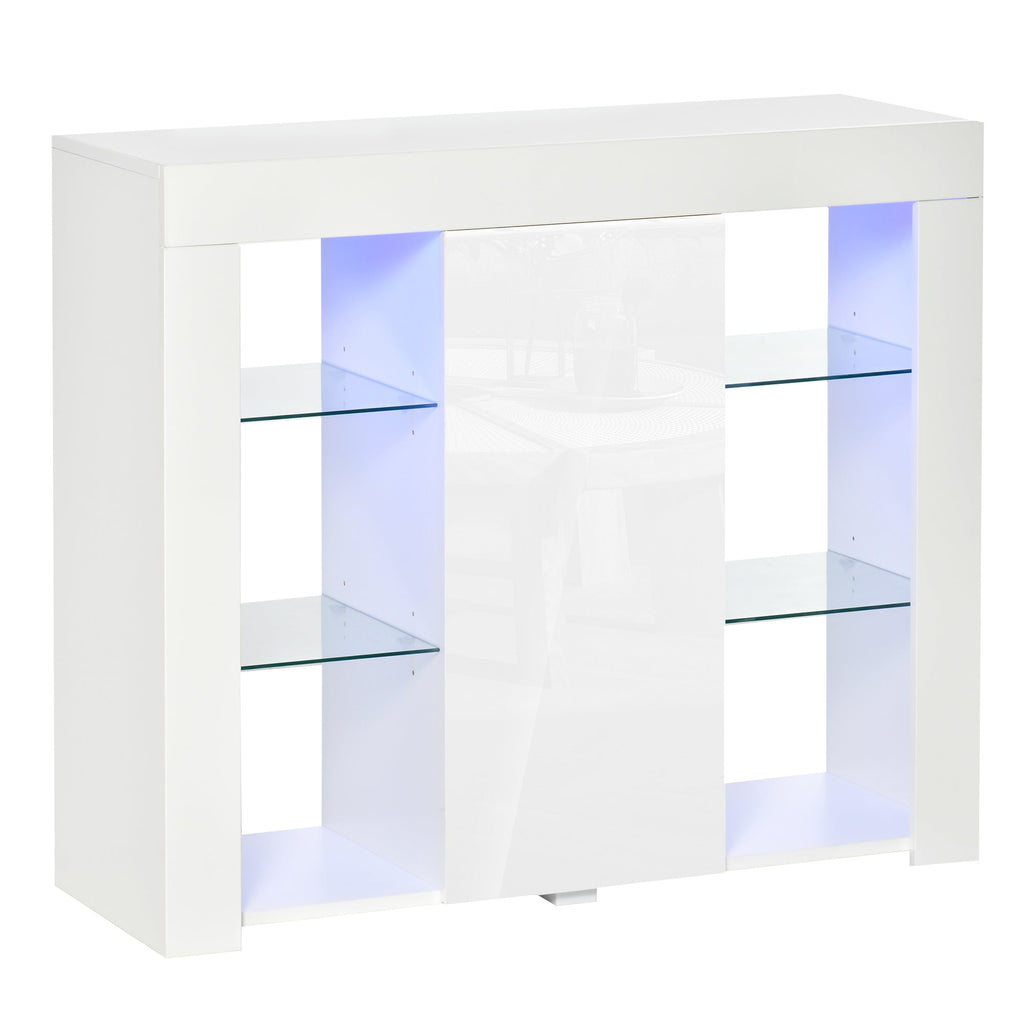 Easycomfort Credenza Moderna a Anta with Luci LED e Mensole in Vetro, Mobile Multiuso in Legno with Finitura Lucida, 97x35x83cm, white