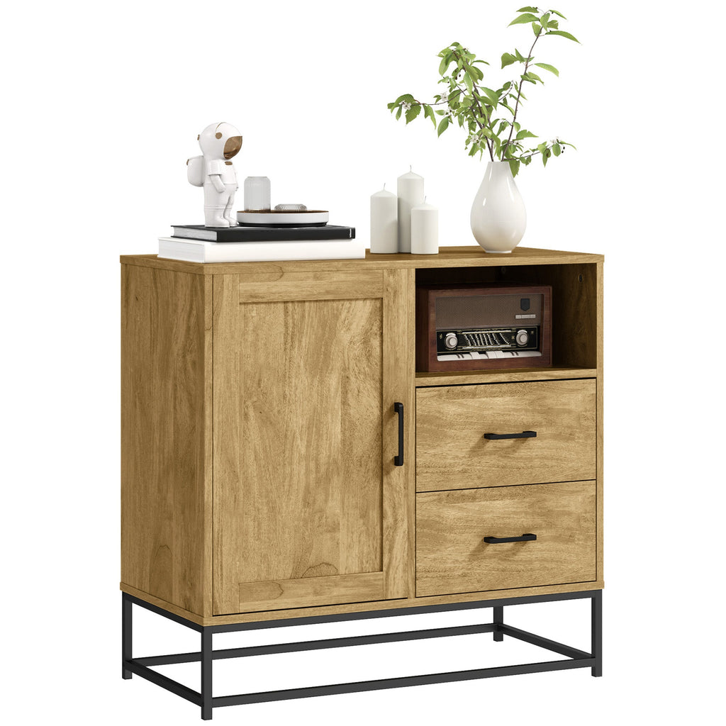 EasyComfort Credenza Moderna with 2 Cassetti, Armadietto Regolabile e Ripiano Aperto, in Legno e Acciaio, 80x40x78 cm, Marrone