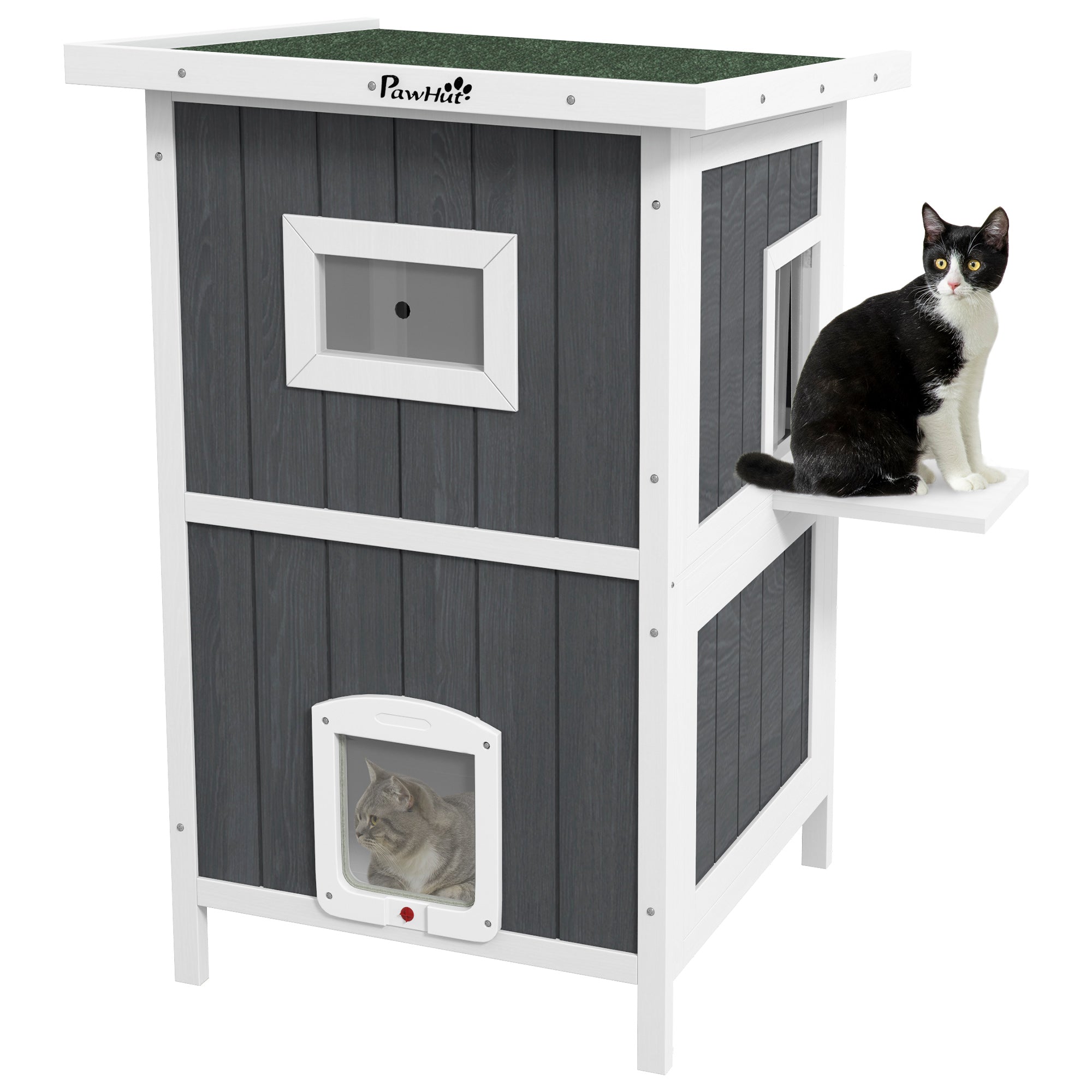 EasyComfort Cuccia per Gatti da Esterno in Legno a 2 Livelli con Tetto in Asfalto e 4 Porte, 60x60x90.5cm, Grigio