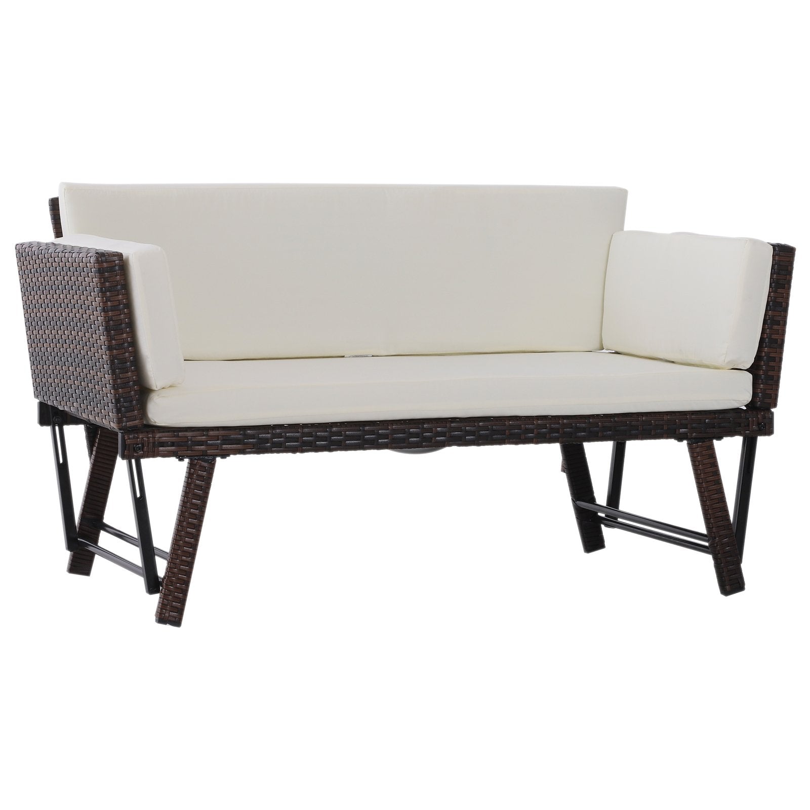 EASYCOMFORT 2 Seater Sofa with Extendable Garden Armrests Rattan 129x63x67cm White, Brown