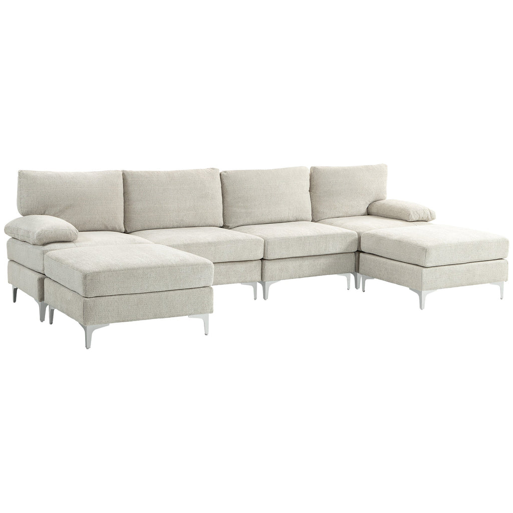 EasyComfort Divano Componibile 4 Pezzi with Poggiapiedi e Cuscini, in Tessuto effetto Ciniglia, 313x149x88 cm, white Crema
