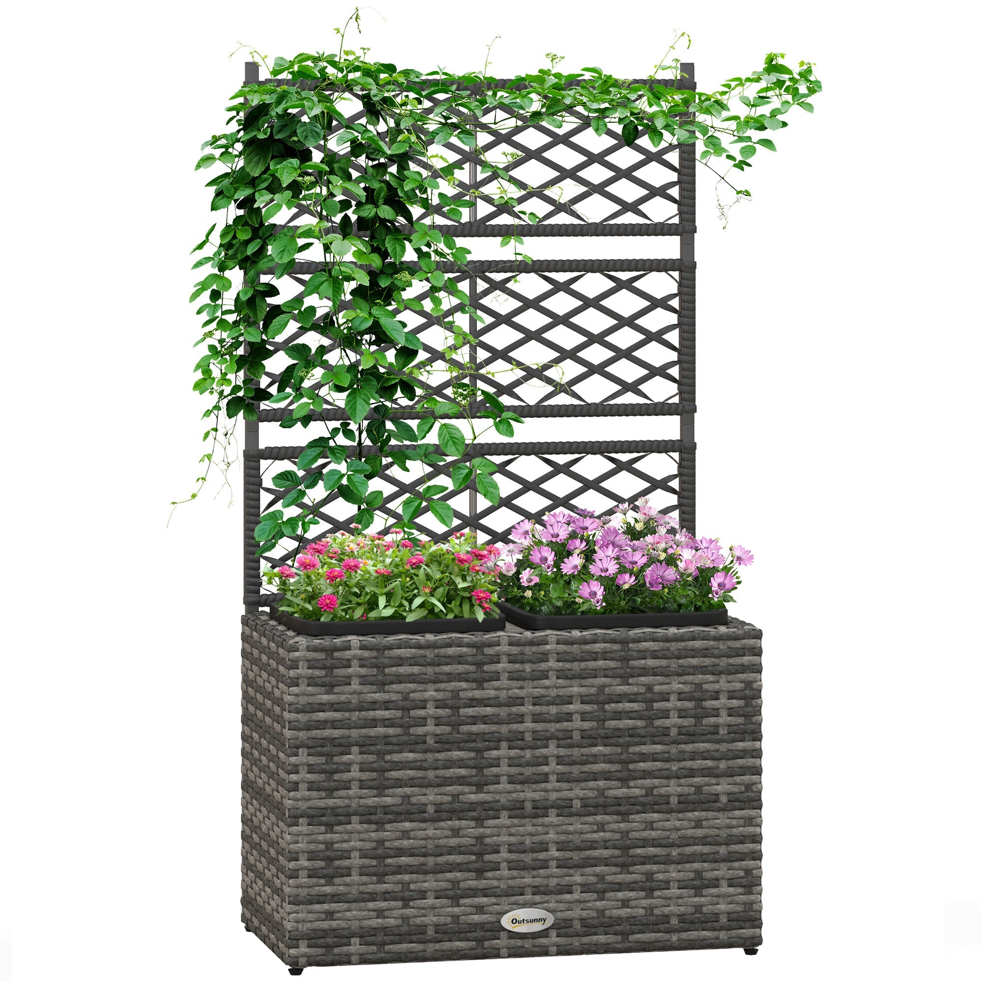 EasyComfort Fioriera con Grigliato per Rampicanti con 2 Vasi in Acciaio e Rattan PE, 57x30x107cm, Grigio