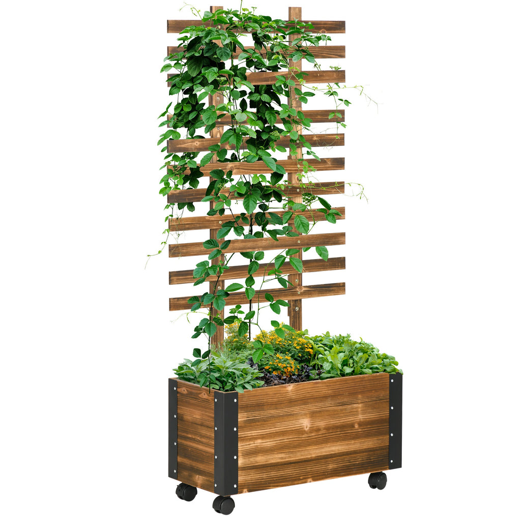 EasyComfort Fioriera with Traliccio per Rampicanti e Rotelle, in Legno di Abete, 65x31x147 cm, Marrone