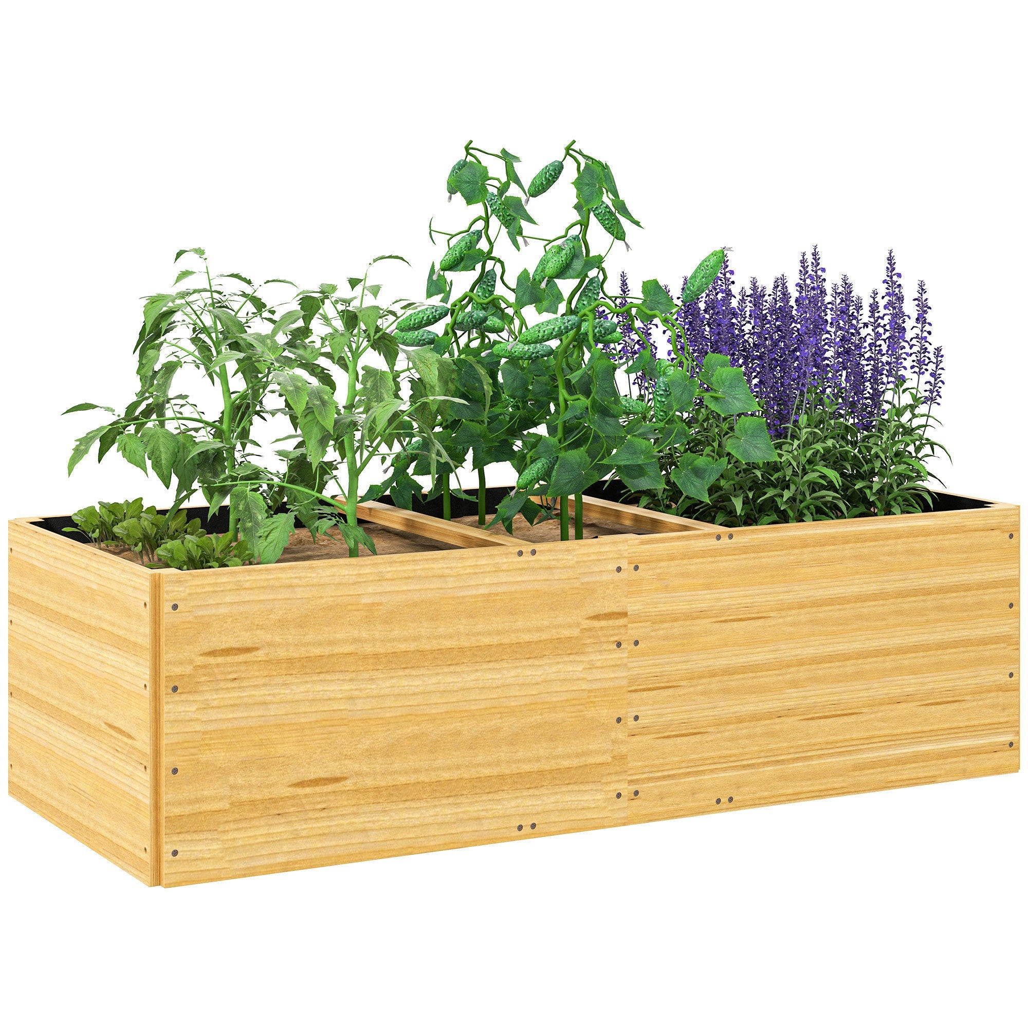 EasyComfort Fioriera da Esterno in Legno di Abete Divisa in 3 Aree with Strato in Tessuto non Tessuto, 140x60x40 cm