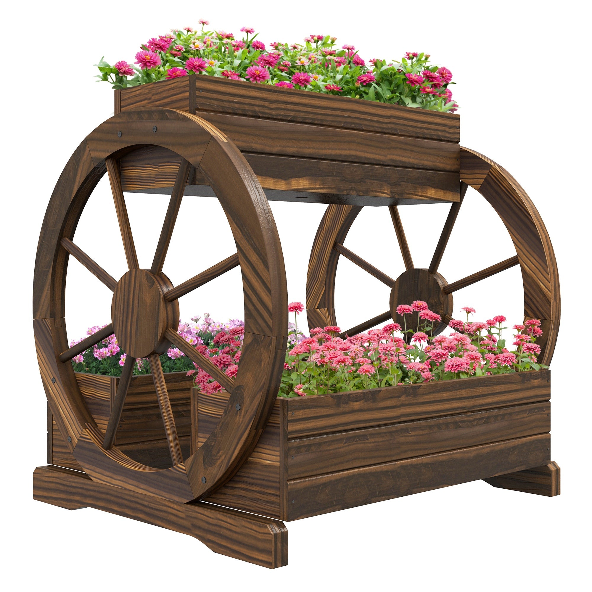 EasyComfort Fioriera in Legno da Esterno a 2 Livelli with 3 Vasi e Ruote di Carro Stile Country, 64x54x60cm