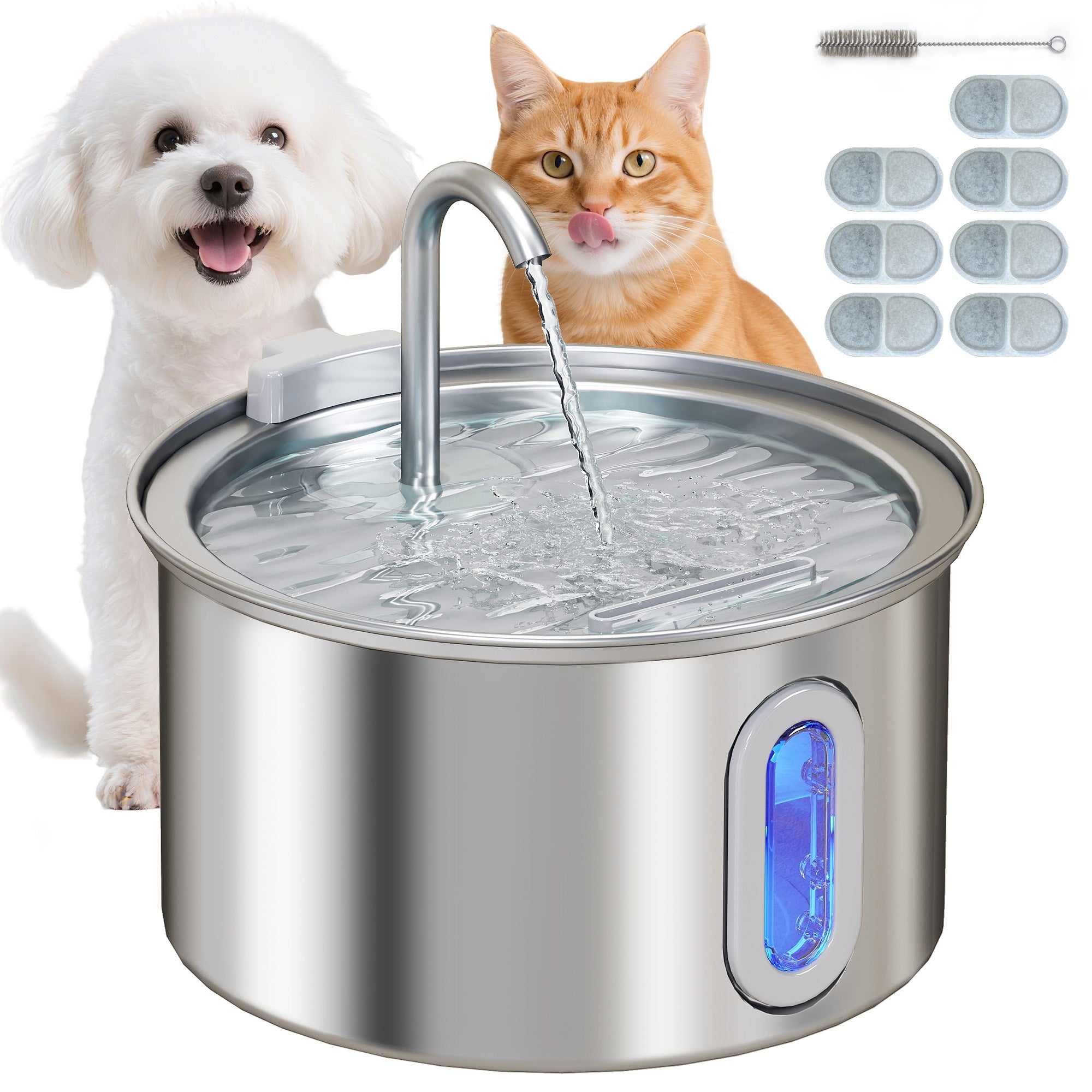 EasyComfort Fontanella per Gatto 2.5L con Luce LED e 2 Modalità di Flusso, in Acciaio Inox, 19.4x19.4x18.7 cm, Argento