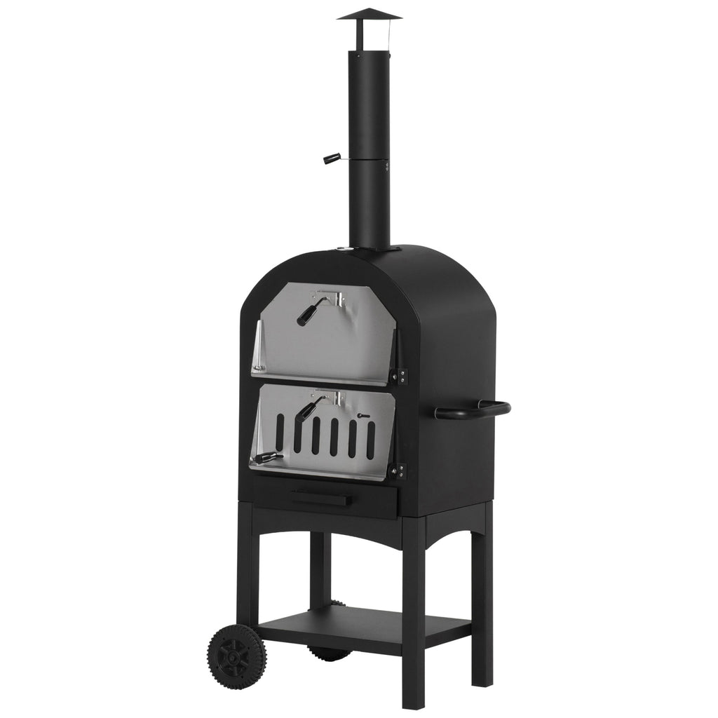EasyComfort Forno per Pizza e Barbecue a Carbone Portatile in Acciaio con Camino e Ruote, 63x54x161 cm, Nero