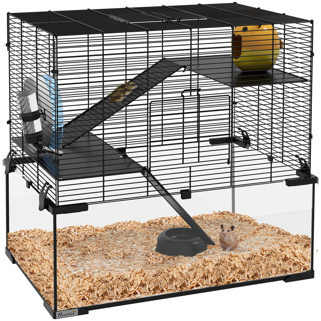 EasyComfort Gabbia per Criceti a 3 Livelli con Ruota, Rampe e Fondo Rimovibile, 60x40x57cm, Nero