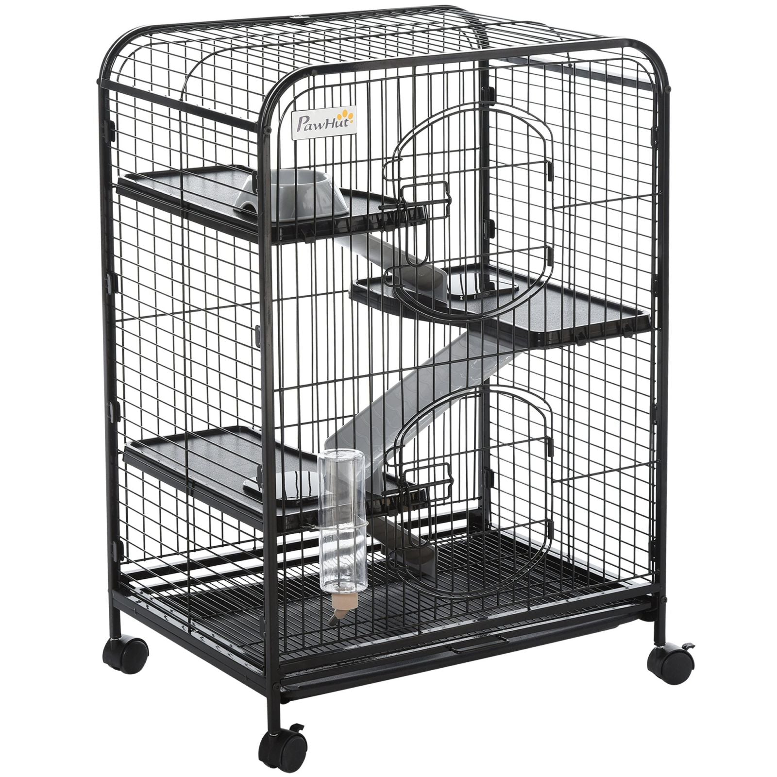 EASYCOMFORT Cage for Rodents with Wheels, Bowl and Bottle, 64x43.5x93cm, Black