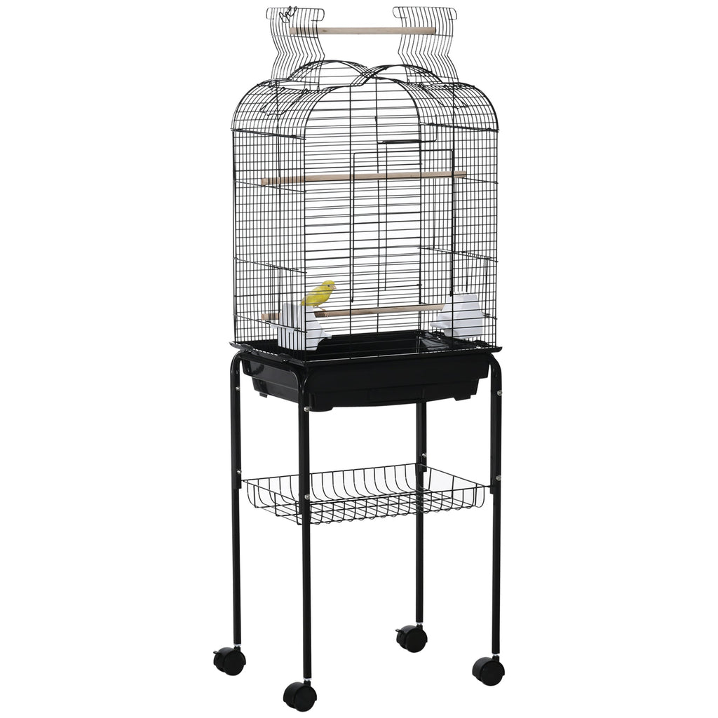 EasyComfort Gabbia per Uccelli with 3 Posatoi, 2 Ciotole e 2 Porte Laterali, in Acciaio, PP e Legno, 46x36x130 cm, Nera
