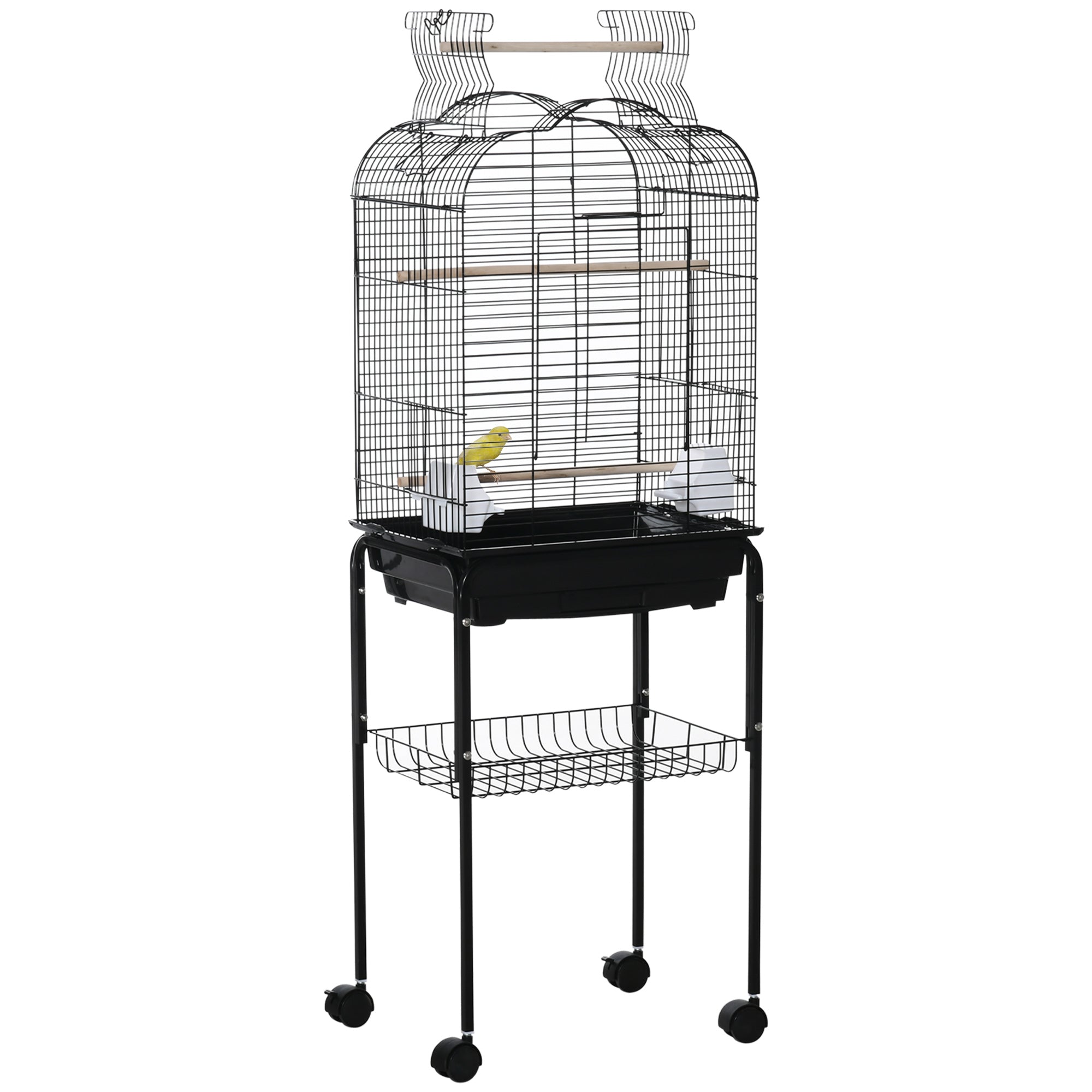 EasyComfort Gabbia per Uccelli with 3 Posatoi, 2 Ciotole e 2 Porte Laterali, in Acciaio, PP e Legno, 46x36x130 cm, Nera