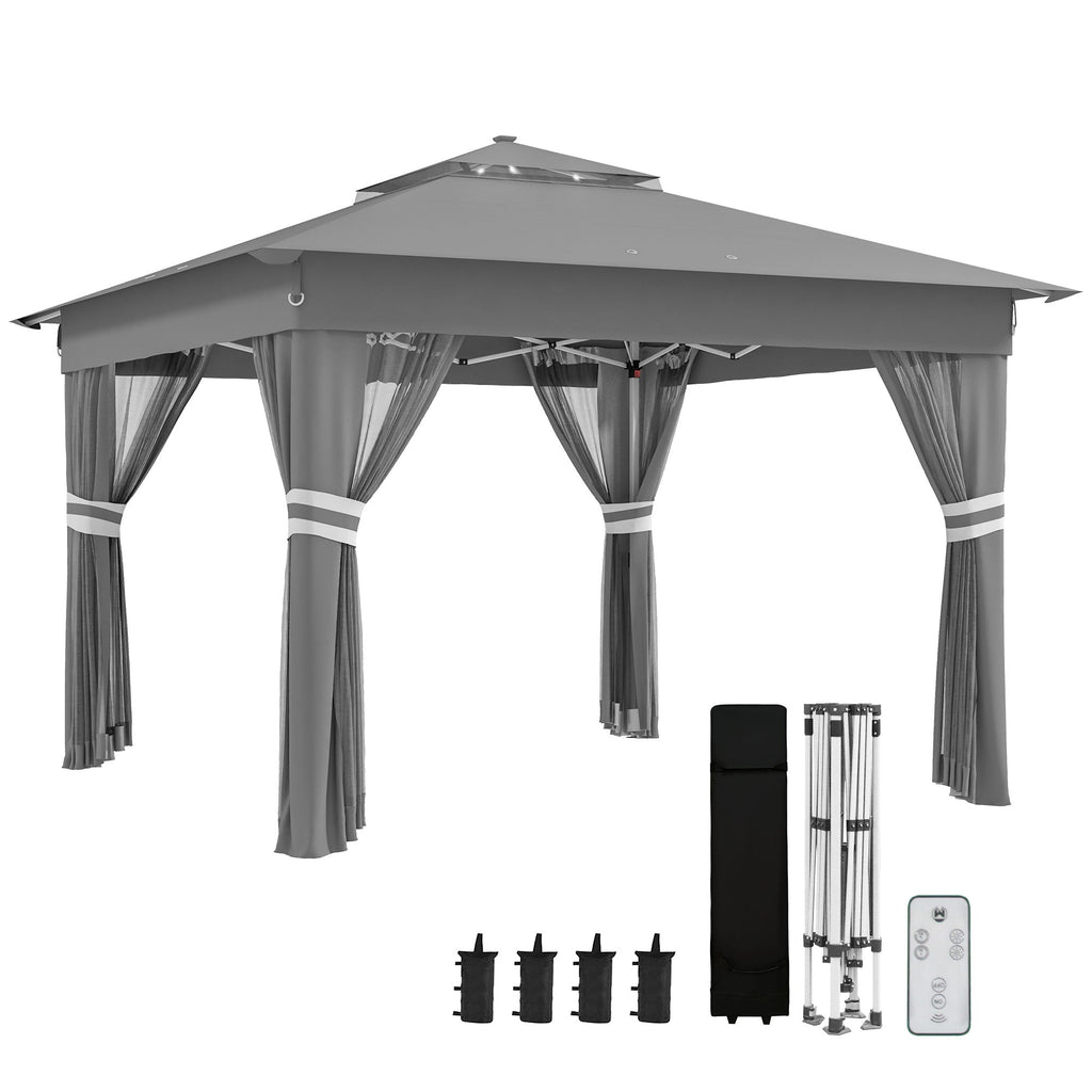 EasyComfort Gazebo da Giardino ad Altezza Regolabile with Luci LED, in Acciaio e tessuto Oxford, 336x336x250-270 cm, Grigio