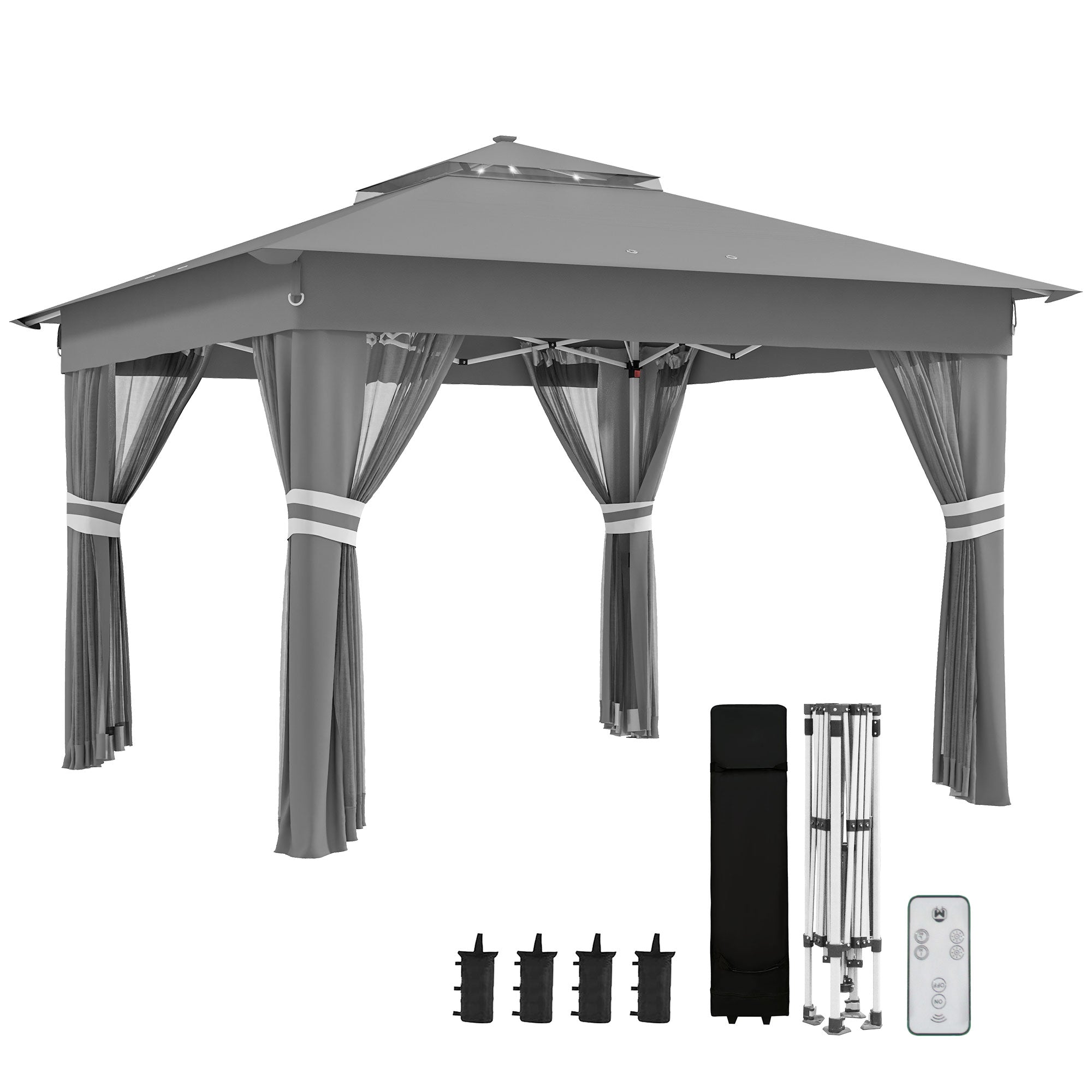 EasyComfort Gazebo da Giardino ad Altezza Regolabile with Luci LED, in Acciaio e tessuto Oxford, 336x336x250-270 cm, Grigio