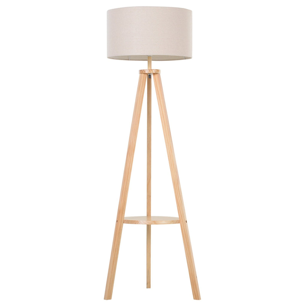 Easycomfort Lampada da Terra with Ripiano Intermedio Paralume in Lino Interruttore a Pedale Risparmio Energetico Altezza 154cm, Legno, 50x50x154 cm