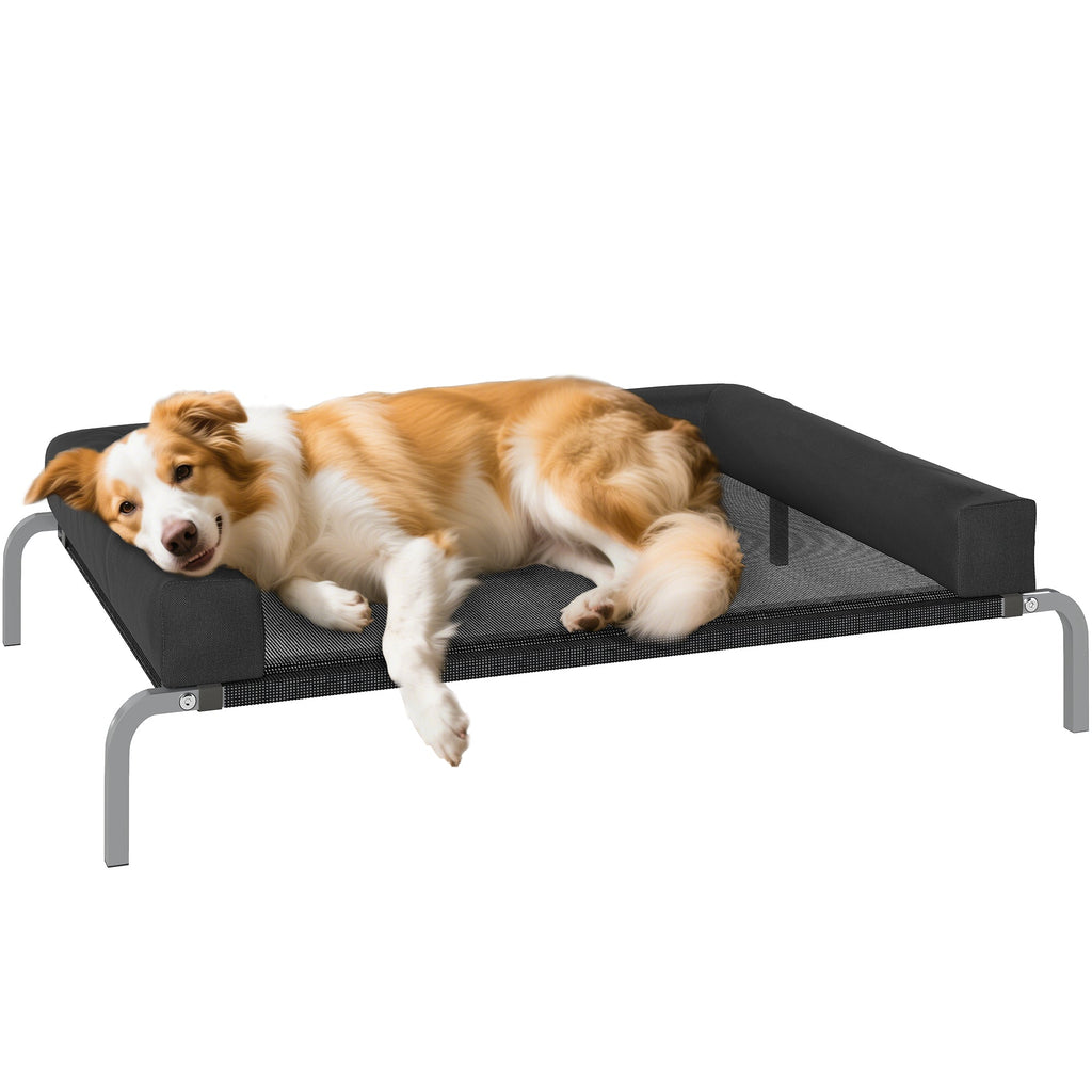 EasyComfort Lettino per Cani Rialzato di 19.5 cm con Cuscino a U, in Poliestere e Acciaio, 110x75x30 cm, Nero e Argento