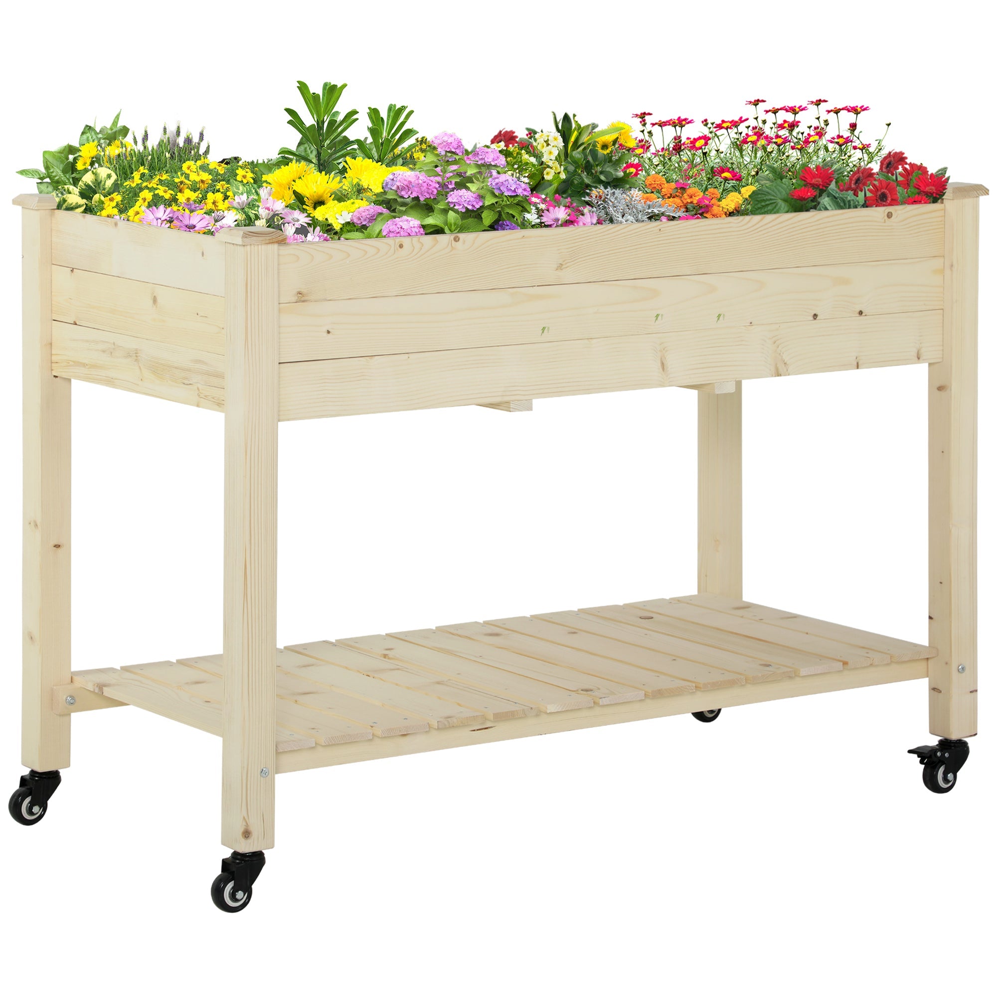 EasyComfort Letto per Orto Rialzato in Legno with Rotelle e Ripiano Inferiore, 118x55x83cm, Legno Naturale
