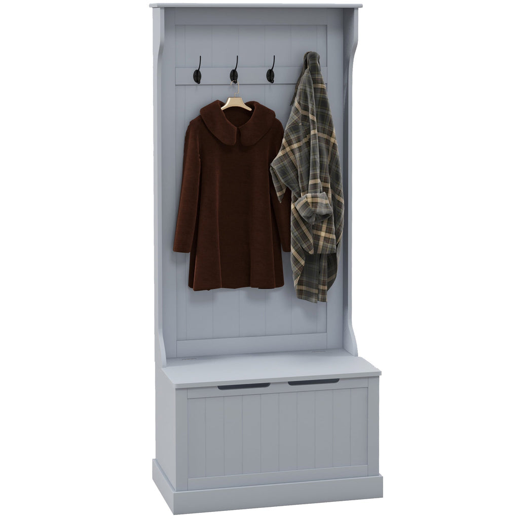 EasyComfort Mobile Appendiabiti 3 in 1 with 4 Ganci e Panca Contenitore, in Legno, 71.5x39.5x170 cm, Grigio