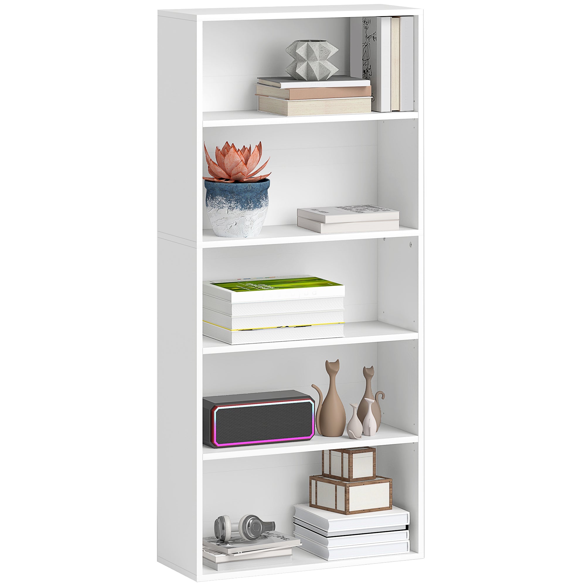 EasyComfort Mobile Libreria a 5 Ripiani with 3 Scaffali Flessibili, in Legno, 60x24x133.5 cm, white