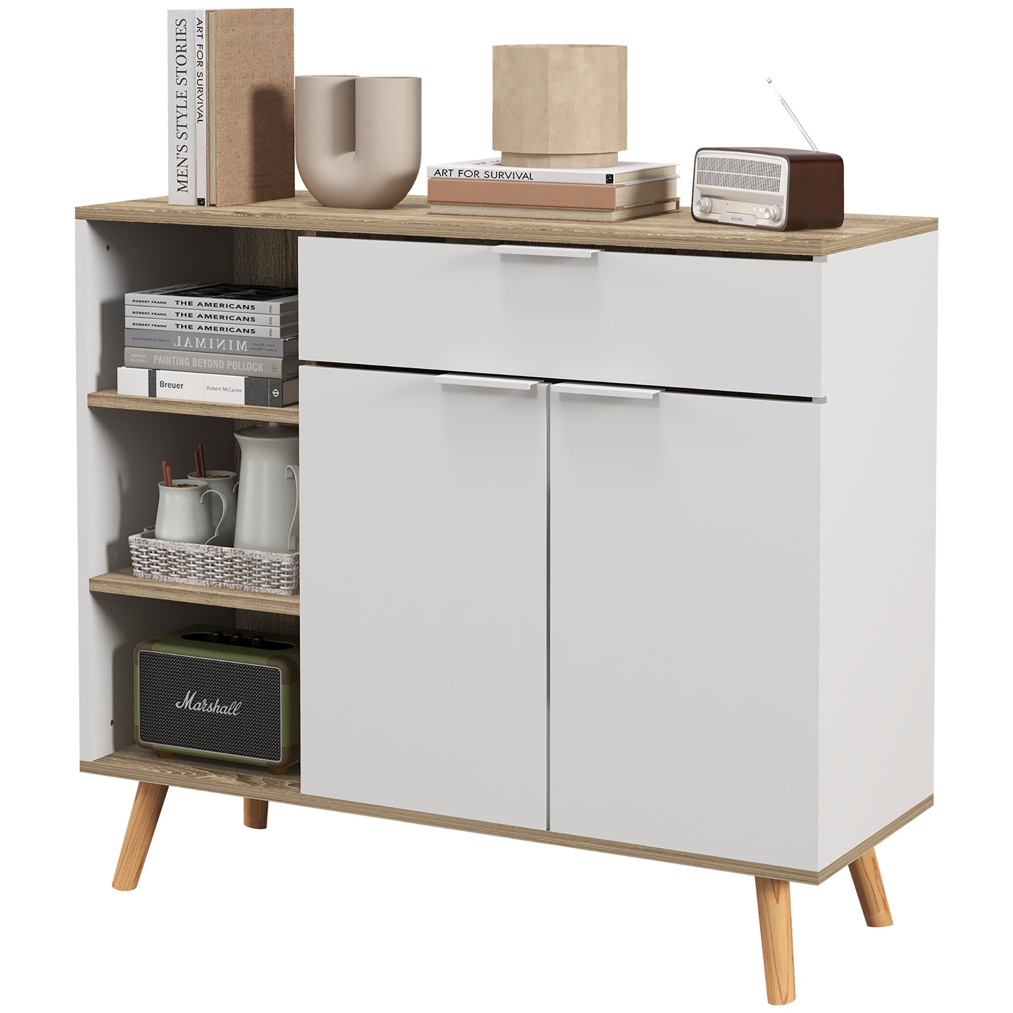 EasyComfort Mobile Multiuso Salvaspazio with 3 Ripiani Aperti, Armadietto e Cassetto, in Truciolato, 95x35x85 cm