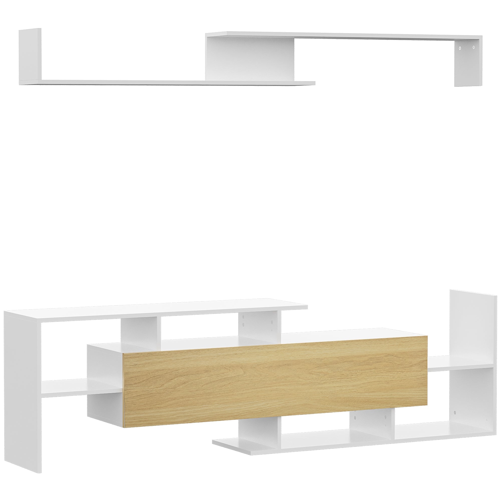 EasyComfort Mobile TV with Mensola a Muro, Ripiani Aperti e Armadietto in Legno, white e Legno Naturale