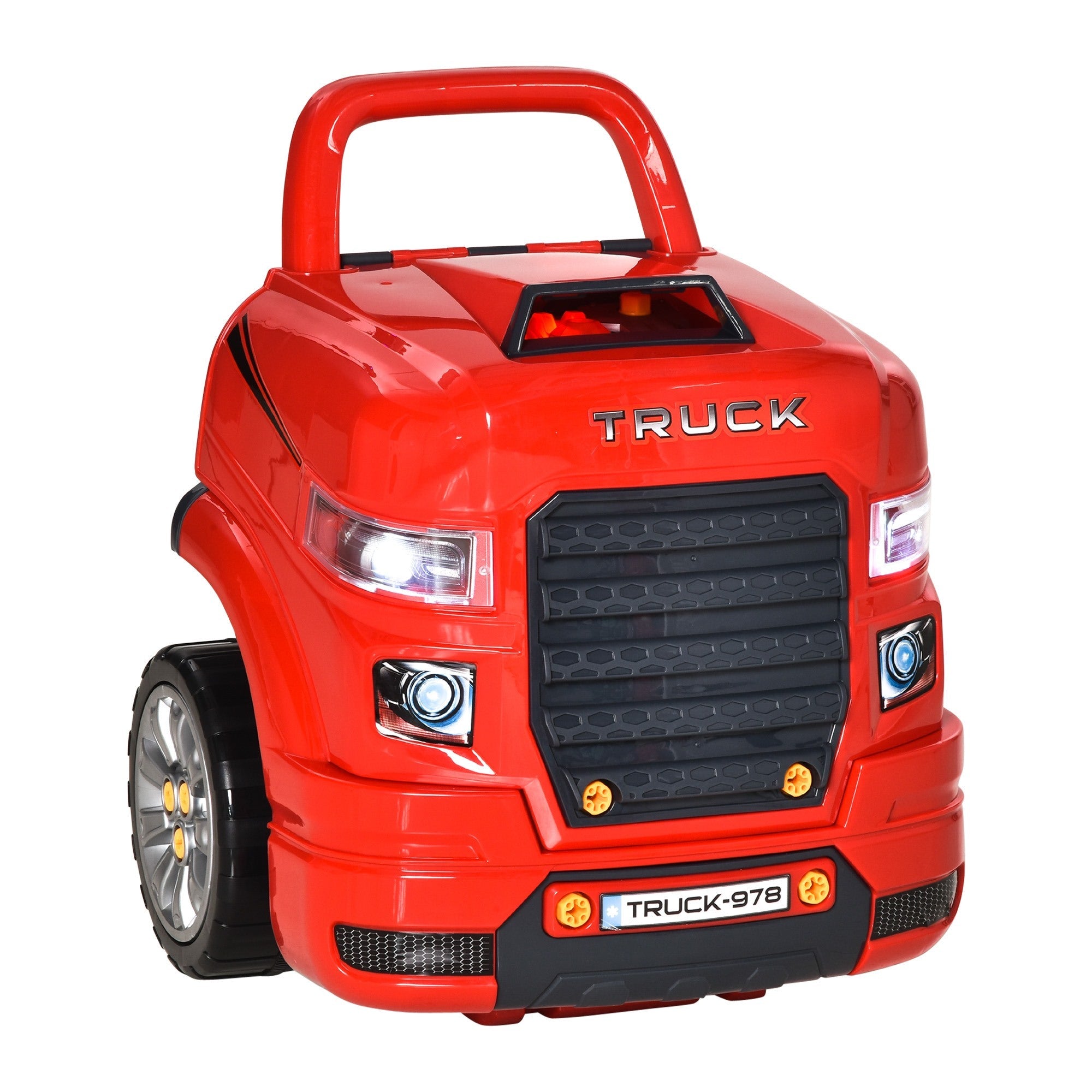 Easycomfort Officina Camion Giocattolo with Motore e 61 Accessori per Bambini 3-5 Anni, Ruote e Maniglia, 40x39x47cm, Rosso