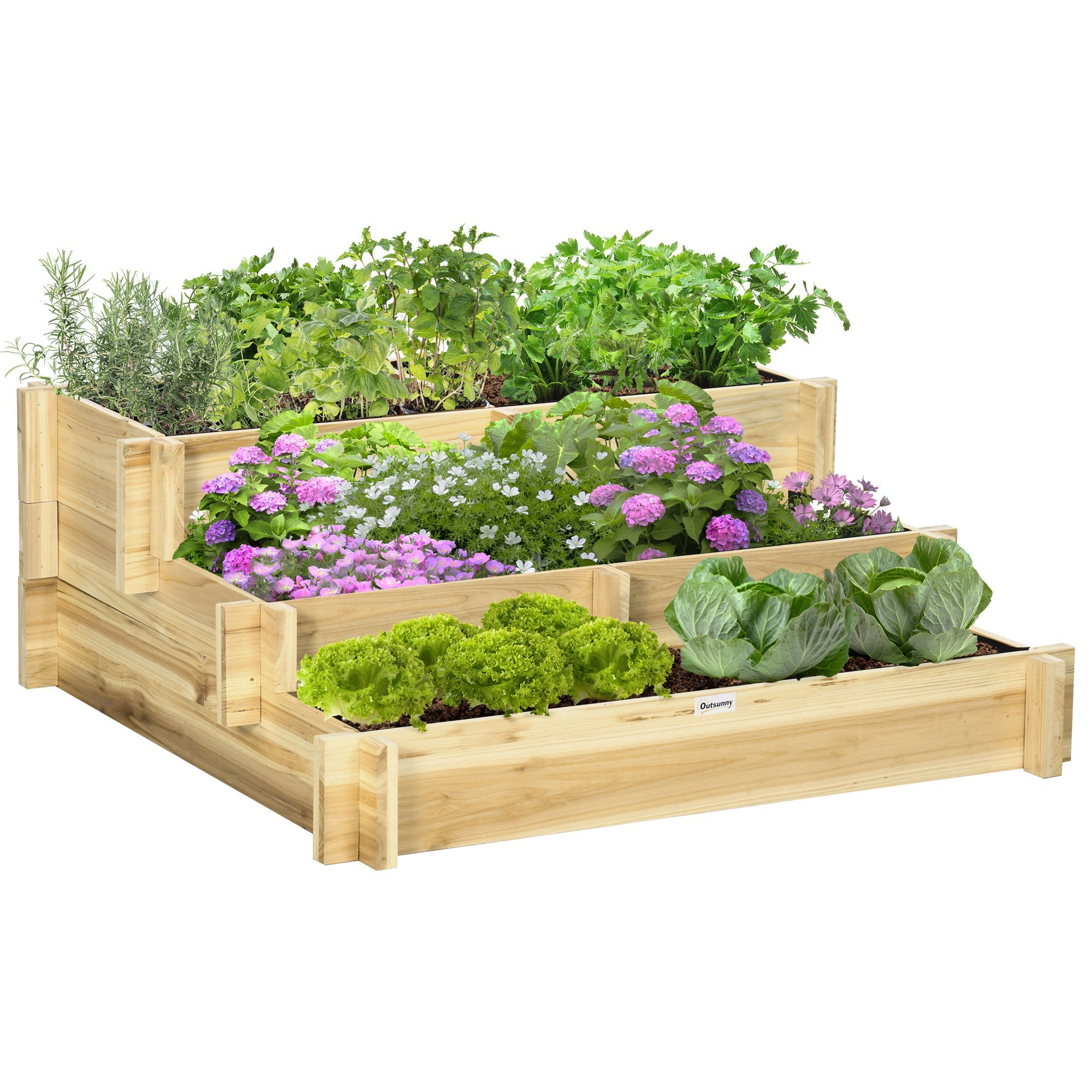 Easycomfort Orto Rialzato a 3 Livelli in Legno d'Abete per Verdure, Fiori e Piante da Giardino 93x93x35 cm
