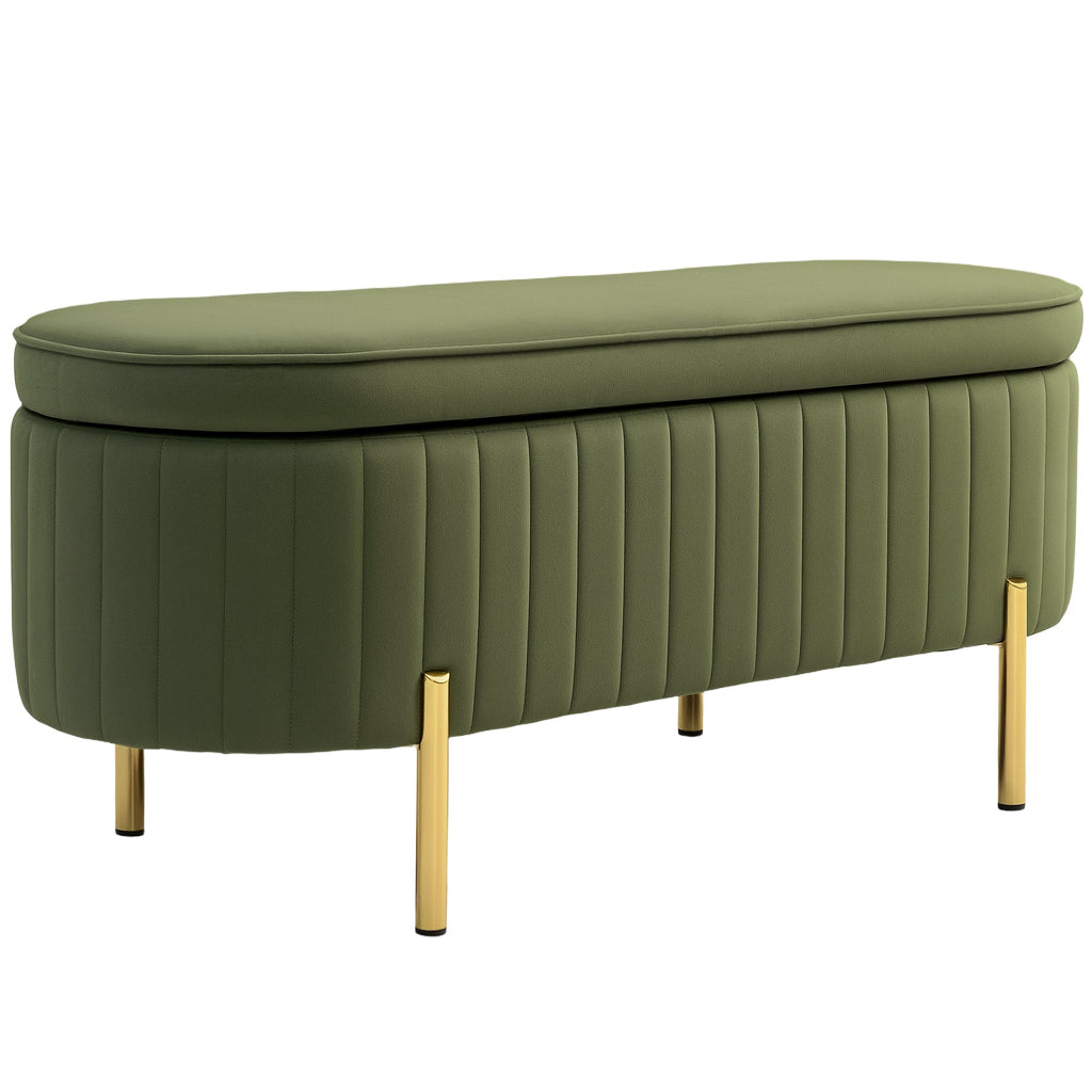 EasyComfort Panca Contenitore Ovale da 72L with Coperchio Sollevabile, in Tessuto Effetto Velluto e Legno, 108x44x43.5 cm, Verde
