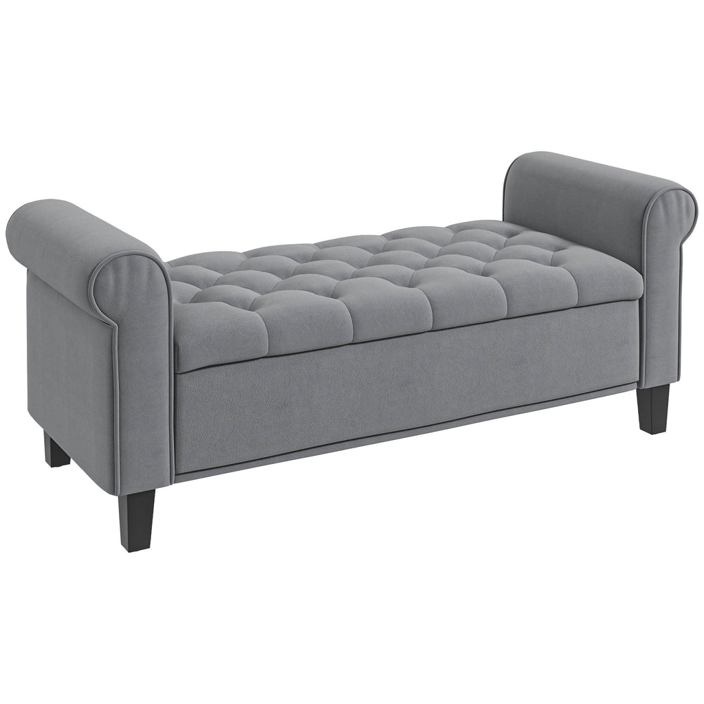 Easycomfort Panca Fondo Letto in Tessuto Vellutato with Spazio Portaoggetti e Braccioli, 126x48.5x57 cm, Grigio