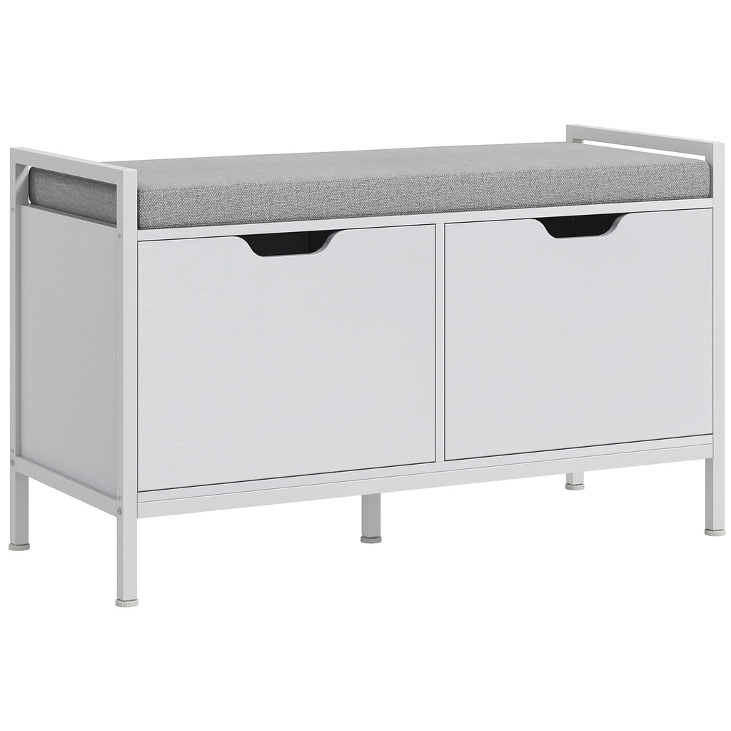 EasyComfort Panca Scarpiera a 2 Armadietti with Cuscino, in Tessuto Effetto Lino, Legno e Acciaio, 84x35x50 cm, white