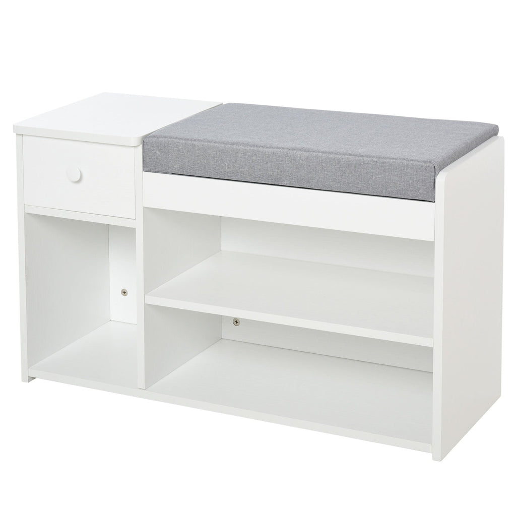 Easycomfort Panca Scarpiera with Cuscino, Cassetto e 3 Vani Aperti in Legno, 81x31.5x49cm, white