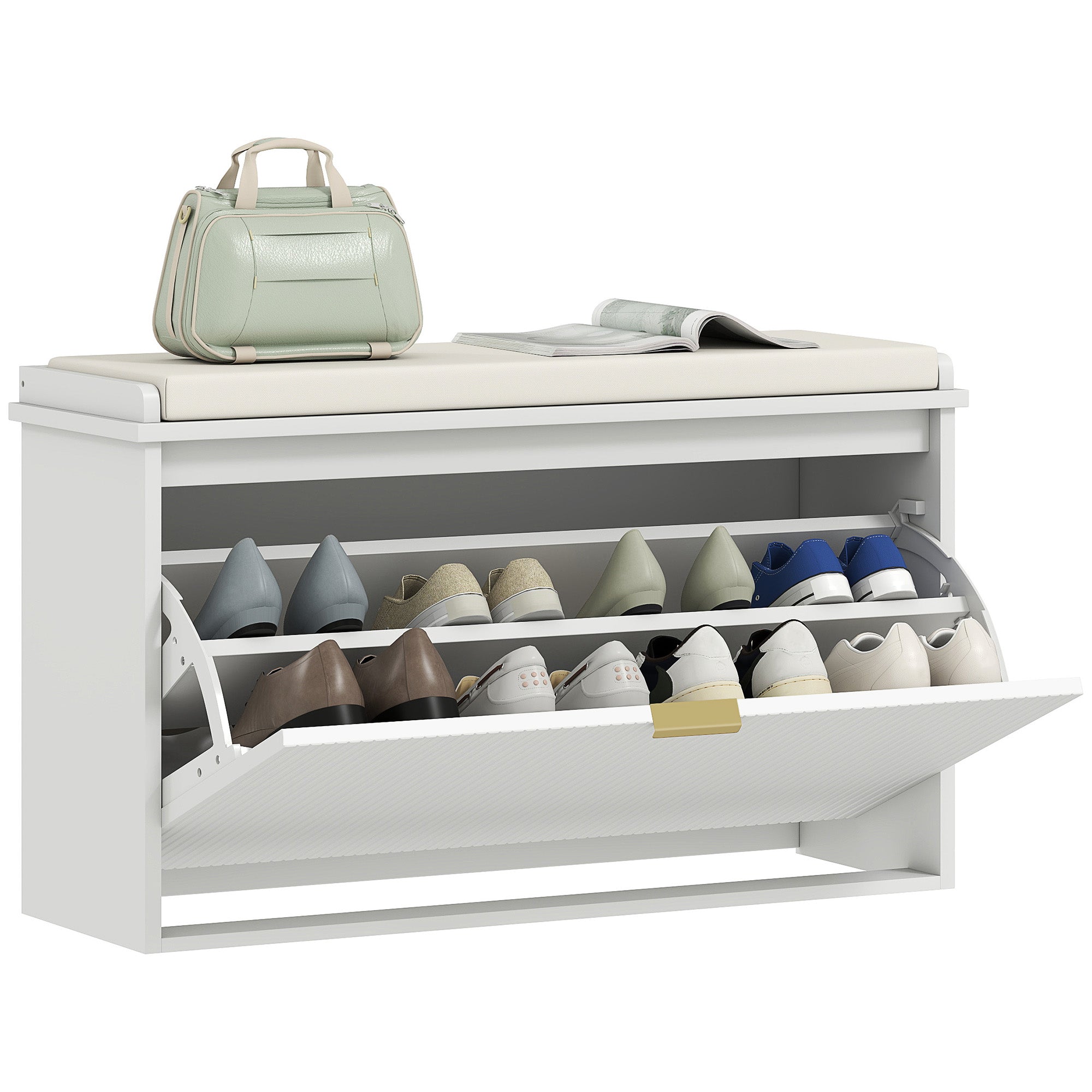 EasyComfort Panca Scarpiera with Ripiano Interno, in Legno e Tessuto Effetto Lino, 80x26x47.5 cm, Bianca e Beige