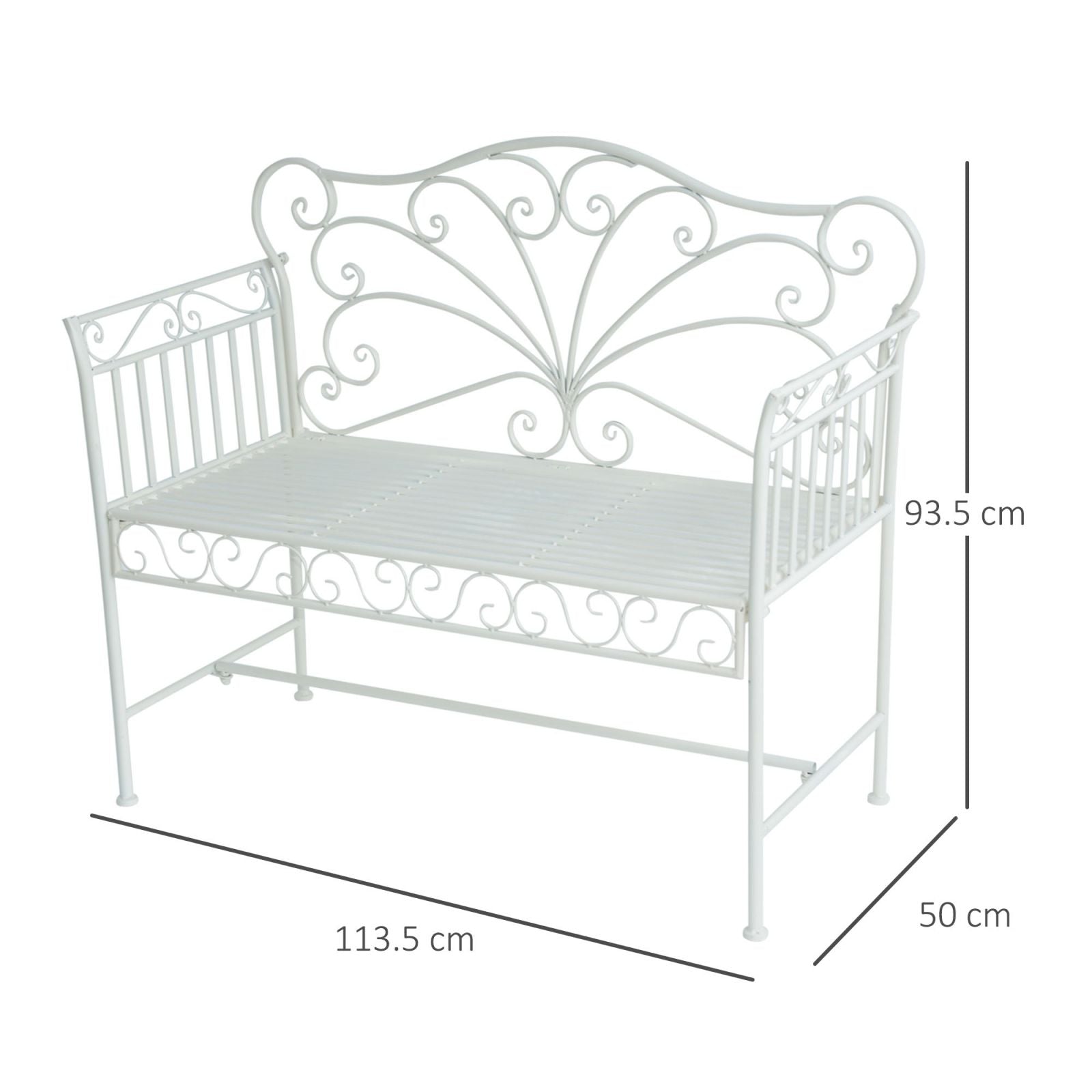 EASYCOMFORT Romantic Style Two-Seater Garden Iron Bench, White, 109.5x51x95.5cm