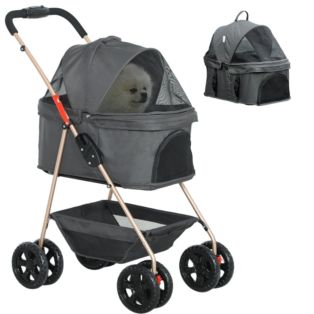 EasyComfort Passeggino per Cani 3 in 1 Pieghevole con Borsa Trasportino e Cestino Inferiore, Grigio