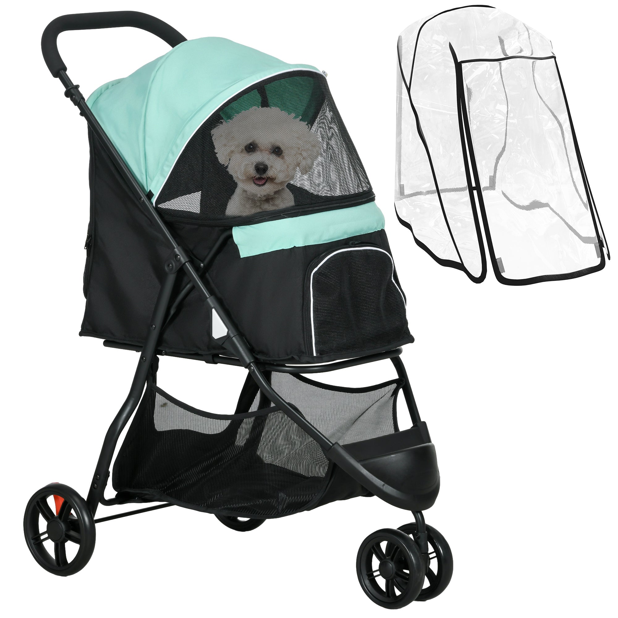 EasyComfort Passeggino per Cani Piccoli Pieghevole a 3 Ruote con Copertura Antipioggia e Cestino, Verde