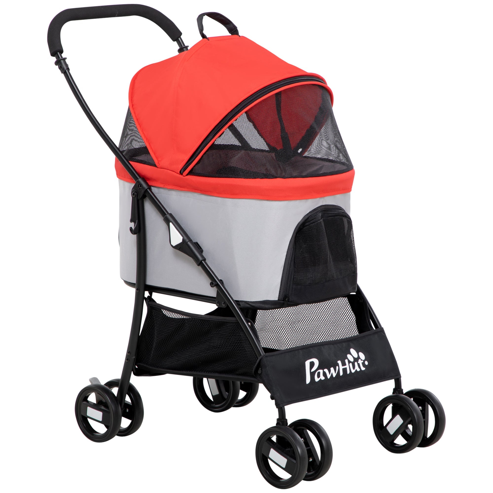 EASYCOMFORT Foldable Dog Stroller with Removable Carrier and Canopy, 82x49.5x98cm, Red
