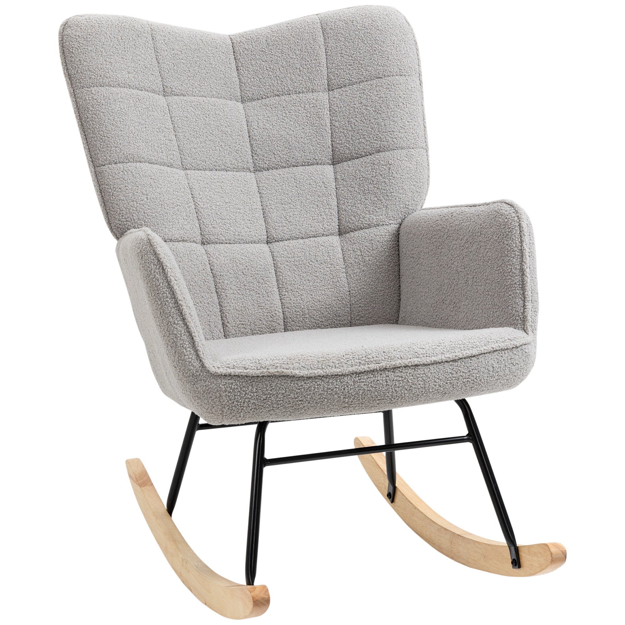 EasyComfort Poltrona a Dondolo Imbottita in Legno e Acciaio with Rivestimento Bouclé, 71x98x101 cm, Grigio