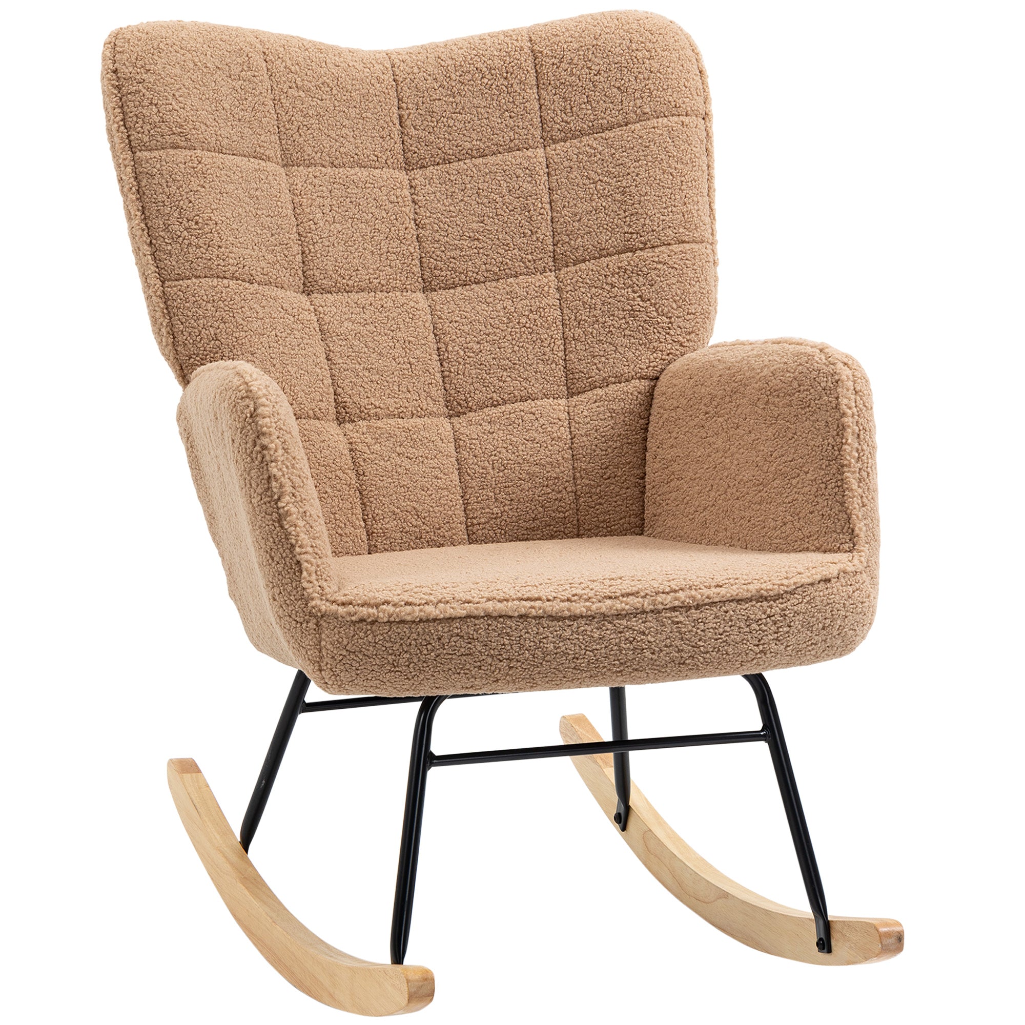 EasyComfort Poltrona a Dondolo Imbottita in Legno e Acciaio with Rivestimento Bouclé, 71x98x101 cm, Marrone