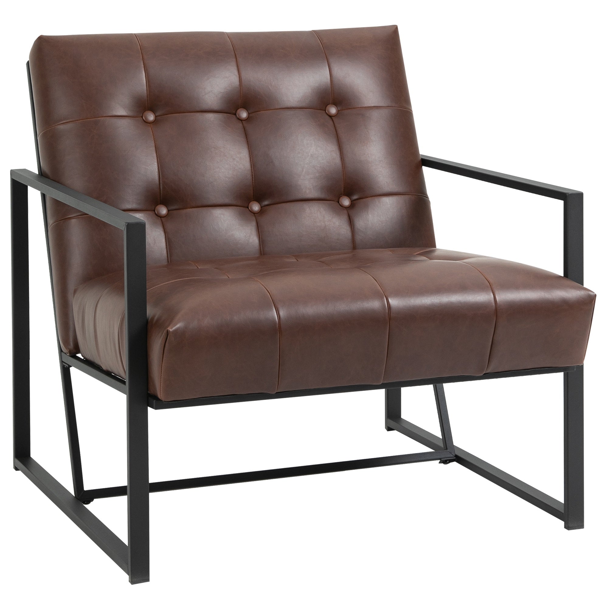 Easycomfort Poltrona Imbottita Stile Industriale Trapuntata a Bottoni, Arredamento Moderno Poltroncina da Ingresso in Metallo e PU, 75x81x78cm Marrone