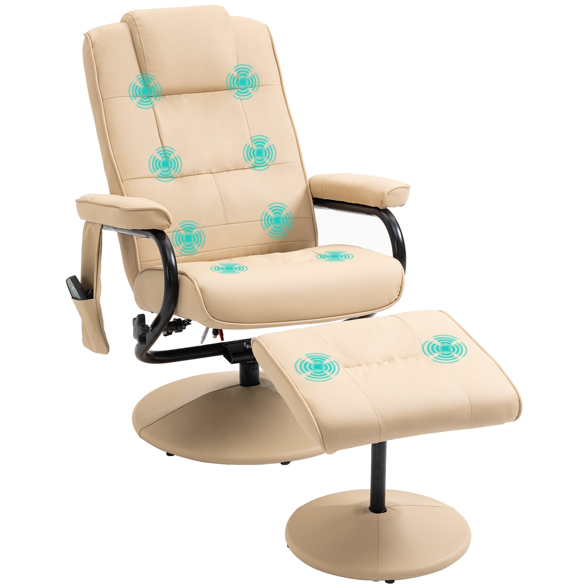 EasyComfort Poltrona Relax with Pouf Poggiapiedi Reclinabile a 145° with 10 Punti Massaggio e Telecomando in Finta Pelle, Crema