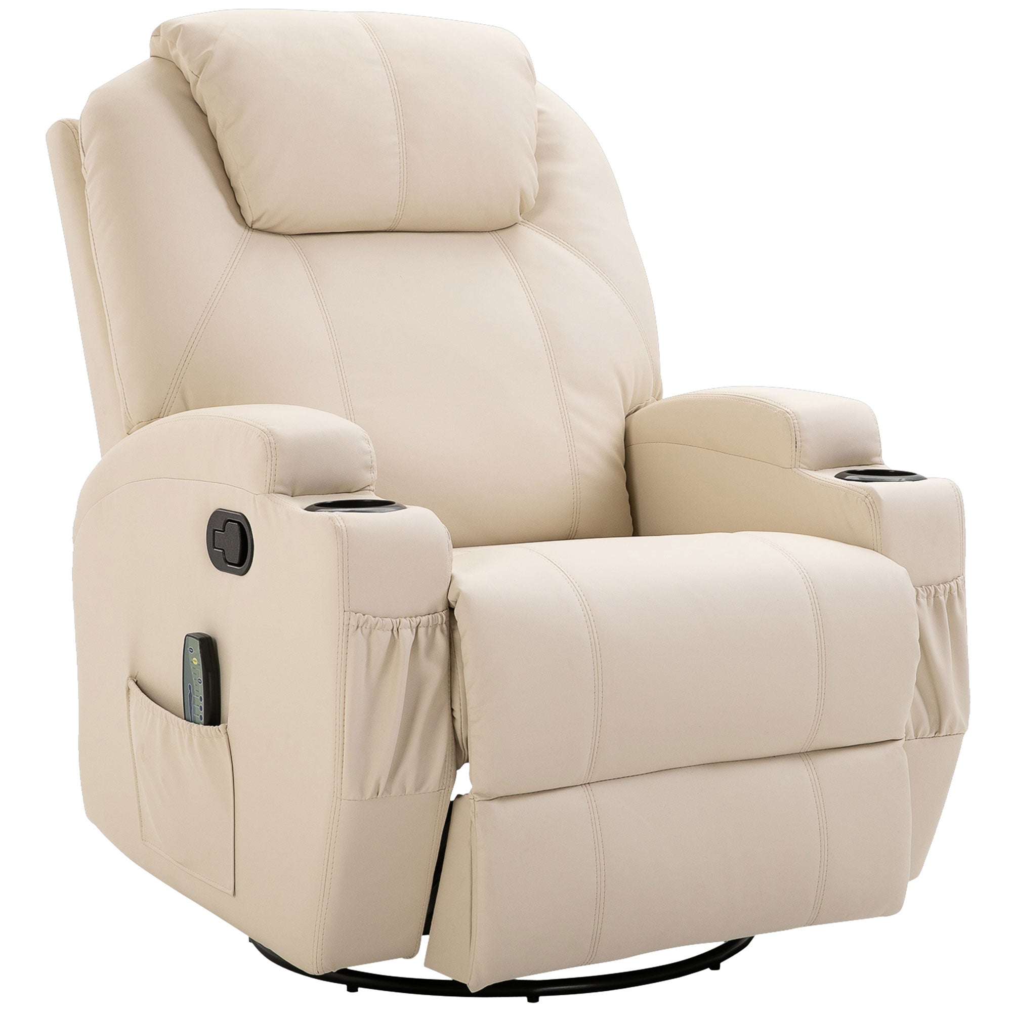 Easycomfort Poltrona Relax Elettrica Reclinabile Girevole with 2 Portabicchieri, Telecomando, Poggiapiedi e 4 Tasche Laterali, in Pelle PU, Legno e Acciaio, Crema