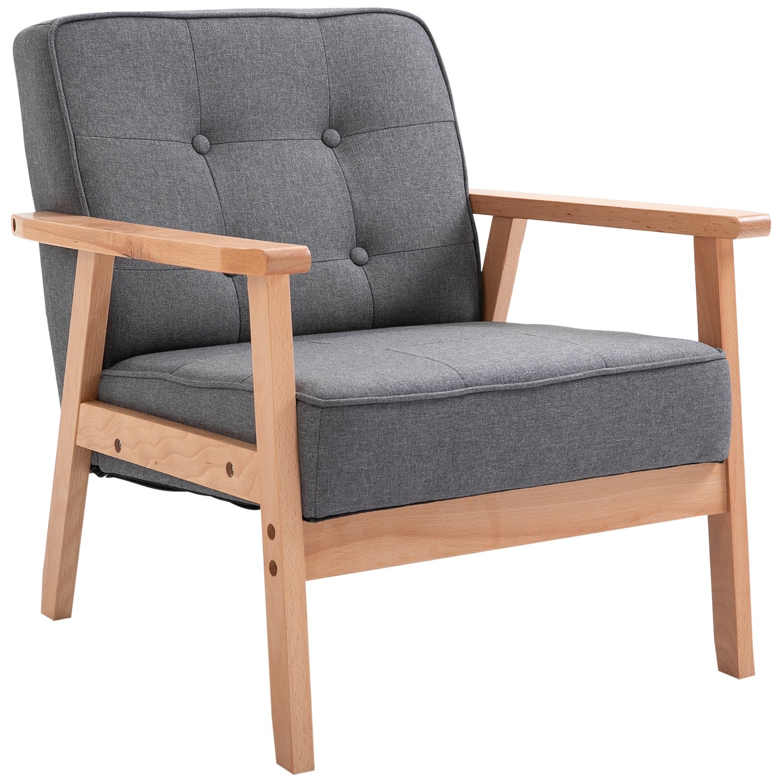 Easycomfort Poltrona Stile Scandinavo Imbottita e Trapuntata a Bottoni in Tessuto e Legno, 64.5x70x74cm, Grigio