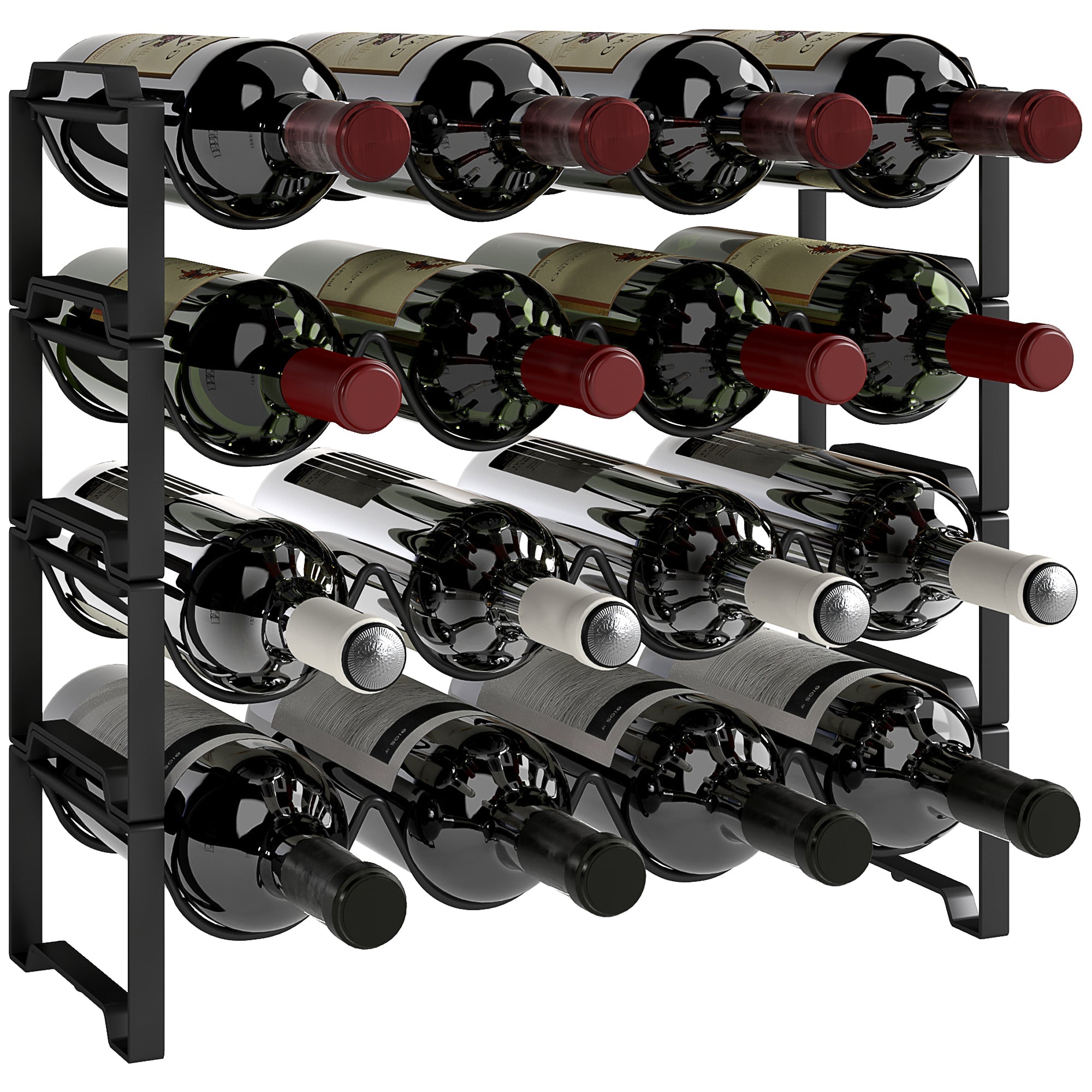 EasyComfort Portabottiglie a 4 Livelli a Onda Impilabili per 16 Bottiglie, in Metallo, 42.5x16.5x41 cm, black
