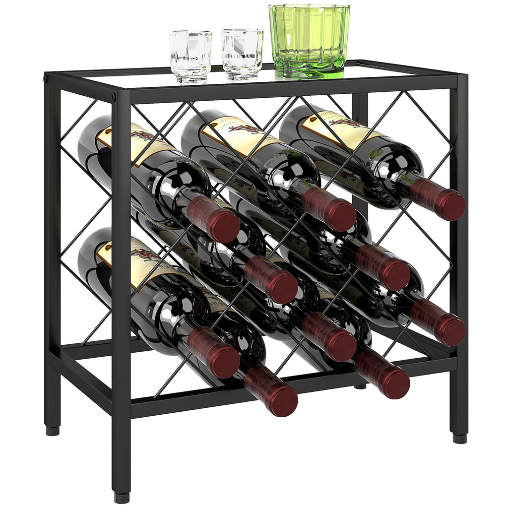 EasyComfort Portabottiglie Vini per 10 Bottiglie in Acciaio black with Piano d'Appoggio in Vetro Temperato, 41x22x41 cm
