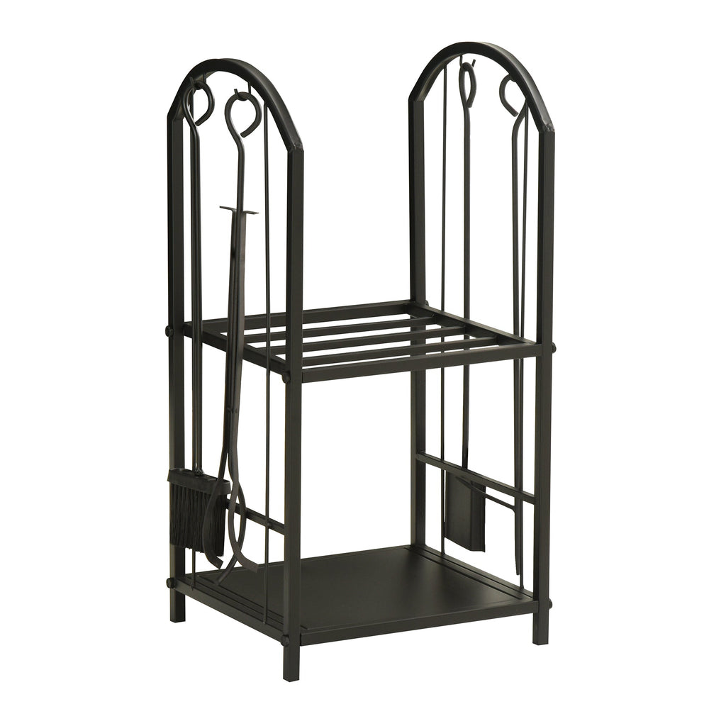 EasyComfort Portalegna a 2 Ripiani in Metallo with Paletta, Scopa, Attizzatoio e Pinza, 41.5x32.5x74.5 cm, black