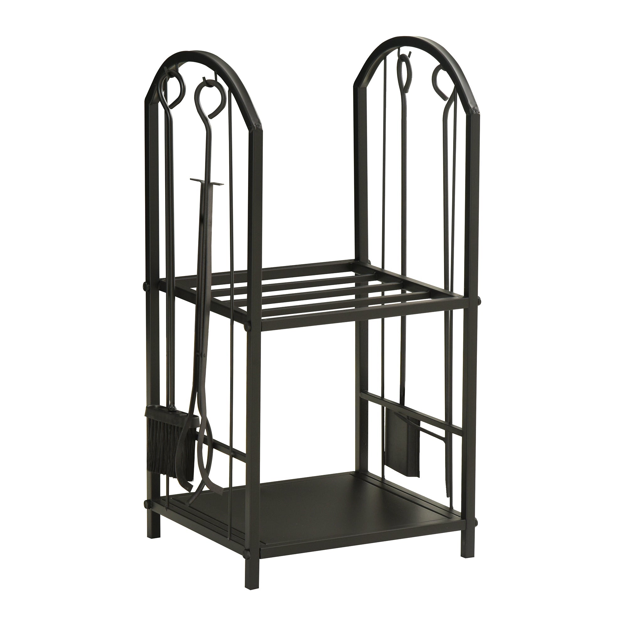 EasyComfort Portalegna a 2 Ripiani in Metallo with Paletta, Scopa, Attizzatoio e Pinza, 41.5x32.5x74.5 cm, black