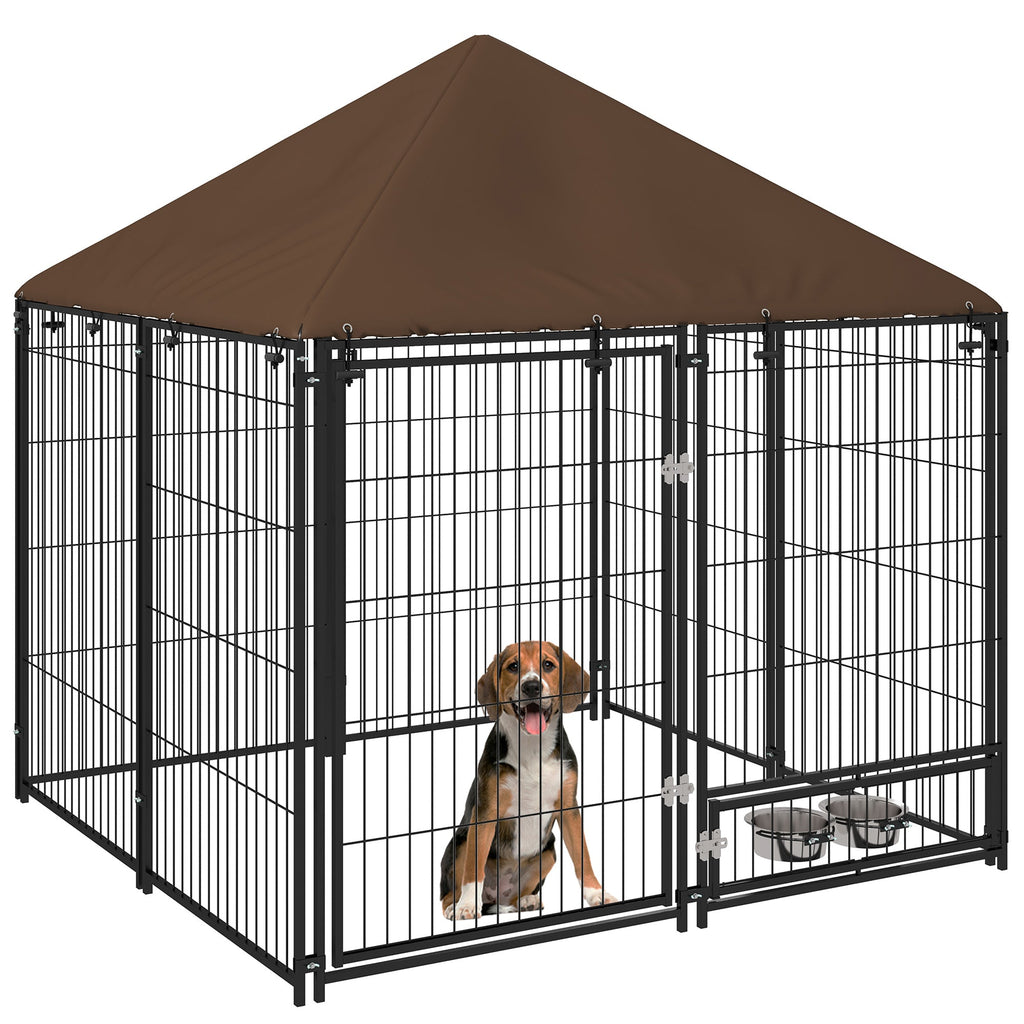EasyComfort Recinto per Cani in Metallo e Tessuto Oxford con Porticina per Ciotole, 141x141x151 cm, Nero e Marrone