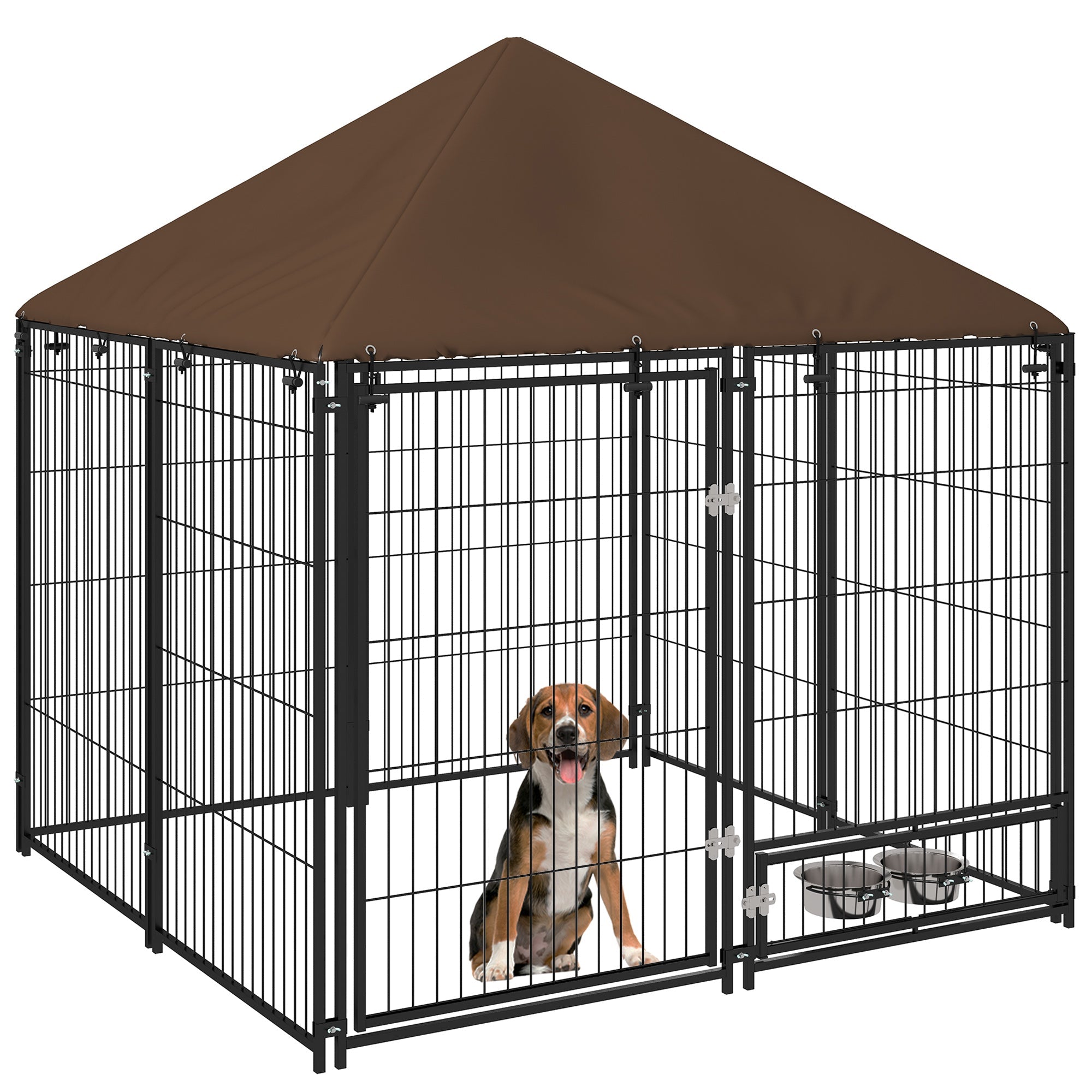 EasyComfort Recinto per Cani in Metallo e Tessuto Oxford con Porticina per Ciotole, 141x141x151 cm, Nero e Marrone