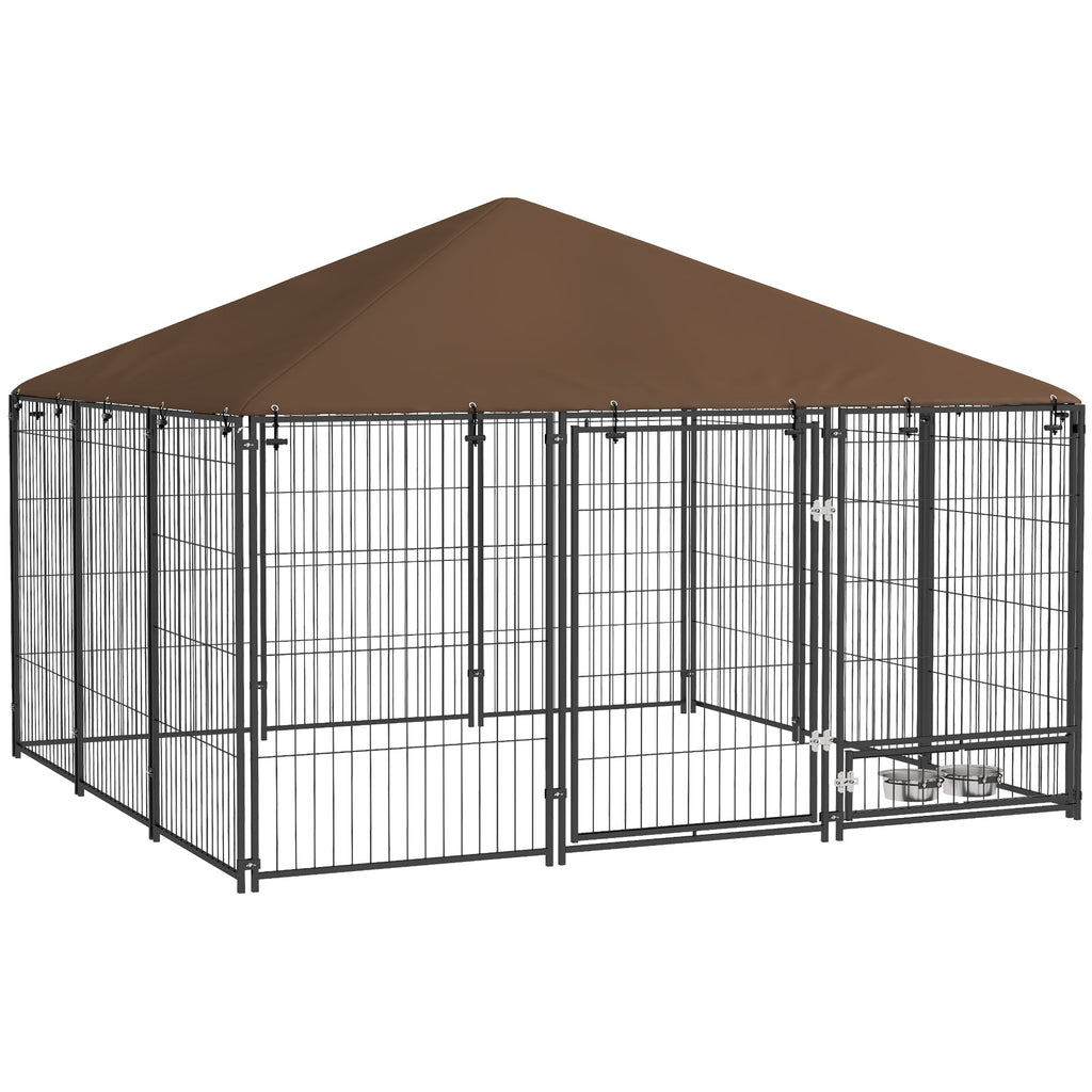 EasyComfort Recinto per Cani in Metallo e Tessuto Oxford con Porticina per Ciotole, 211x211x151 cm, Nero e Marrone