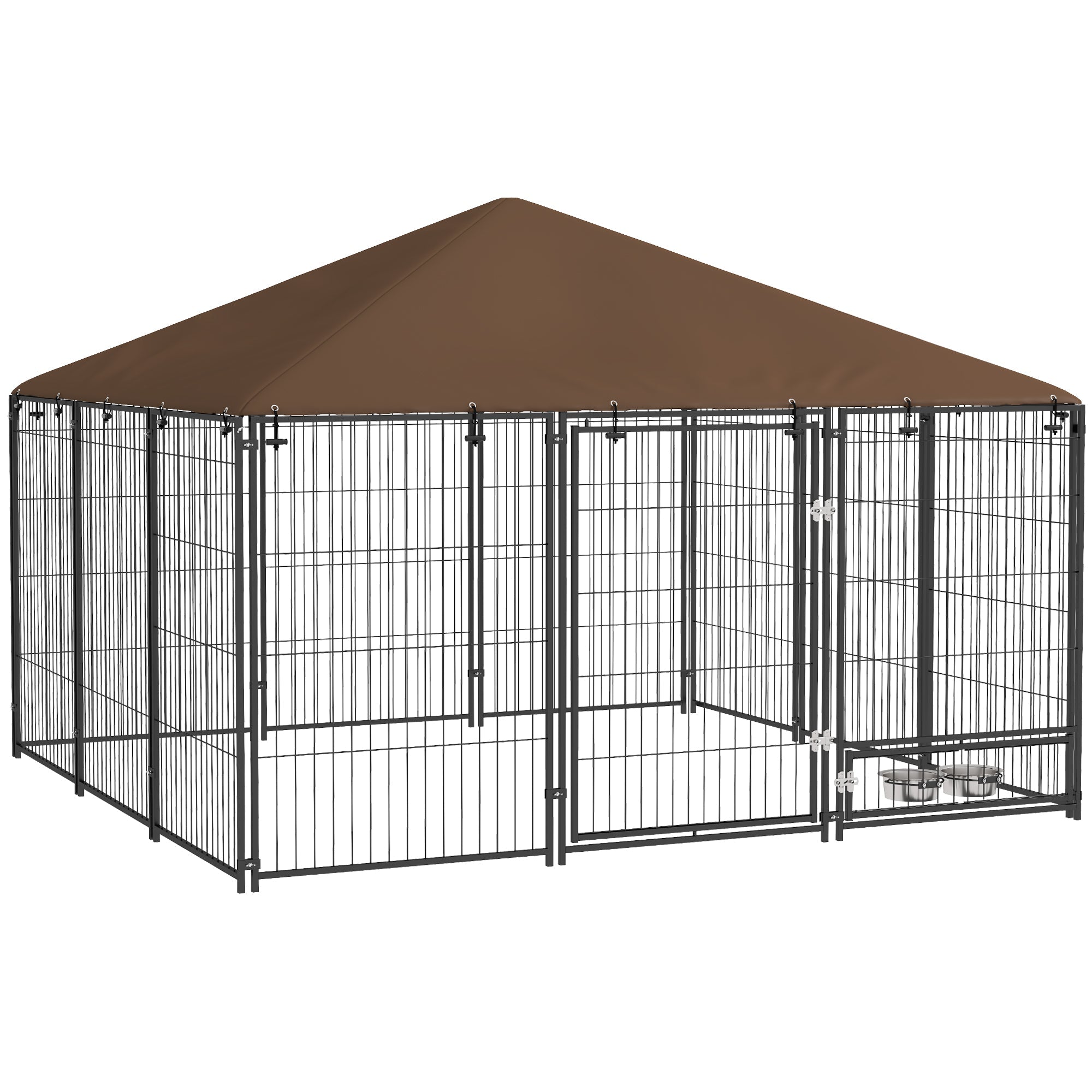 EasyComfort Recinto per Cani in Metallo e Tessuto Oxford con Porticina per Ciotole, 211x211x151 cm, Nero e Marrone