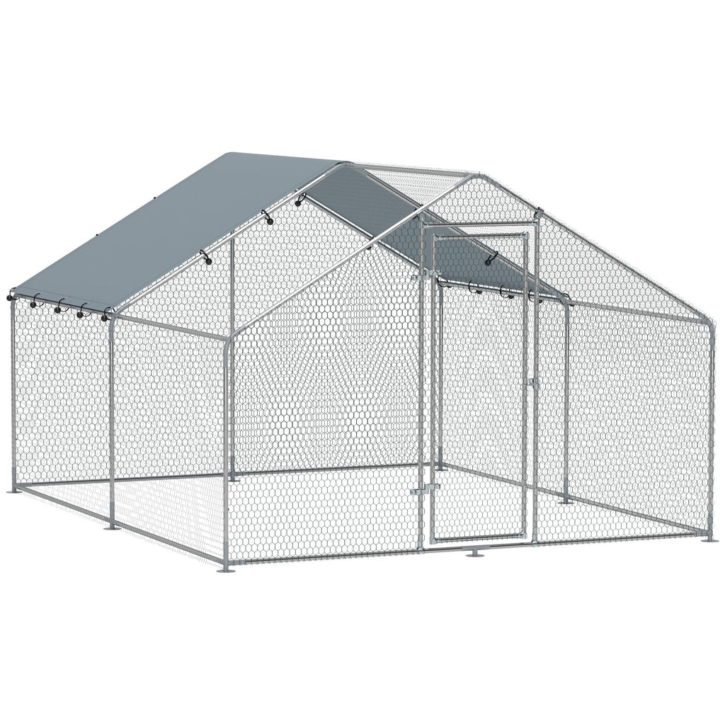 EasyComfort Recinto per Galline da 10.2m² per 10-15 Galline con Tetto Impermeabile, in Acciaio e Tessuto, 3x3.4x1.9 m, Argento